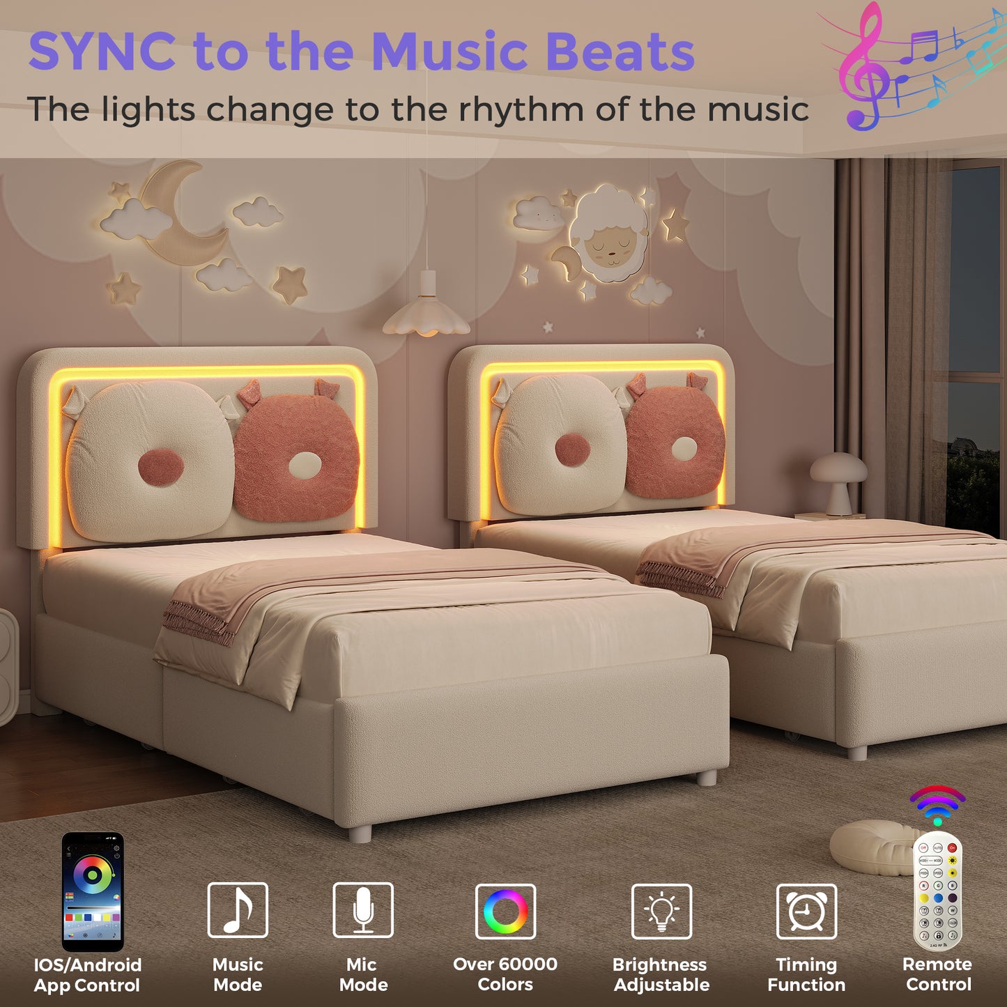 Anyact Twin Size Boucle Upholstered LED Bed Frame with Storage Drawer, Height Adjustable Headboard, Removable Pillow for Bedroom, Beige/Pink