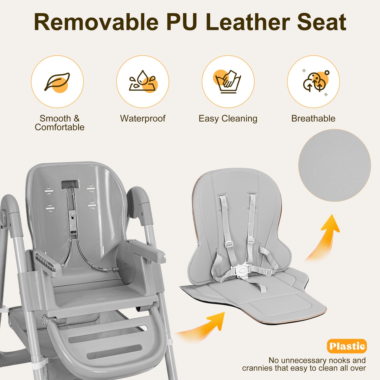 Minikid Foldable High Chair for Baby,3-in-1 Portable Feeding Chair,Baby Seat with Wheels,8-Gear Seat Adjustment,2 Removable Dining Trays,Gray