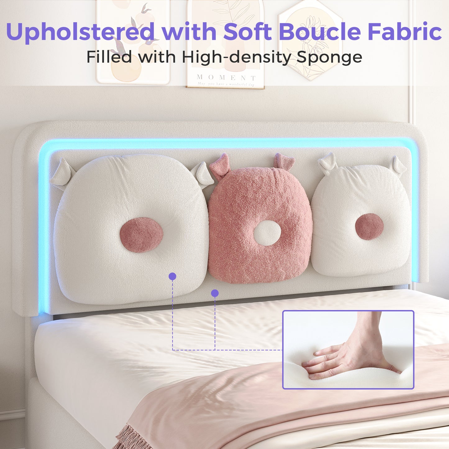 Anyact Full Size Bed Frame with 2 Storage Drawers, Removable Pillow, LED Light Platform Bed with Teddy Velvet Headboard, Beige