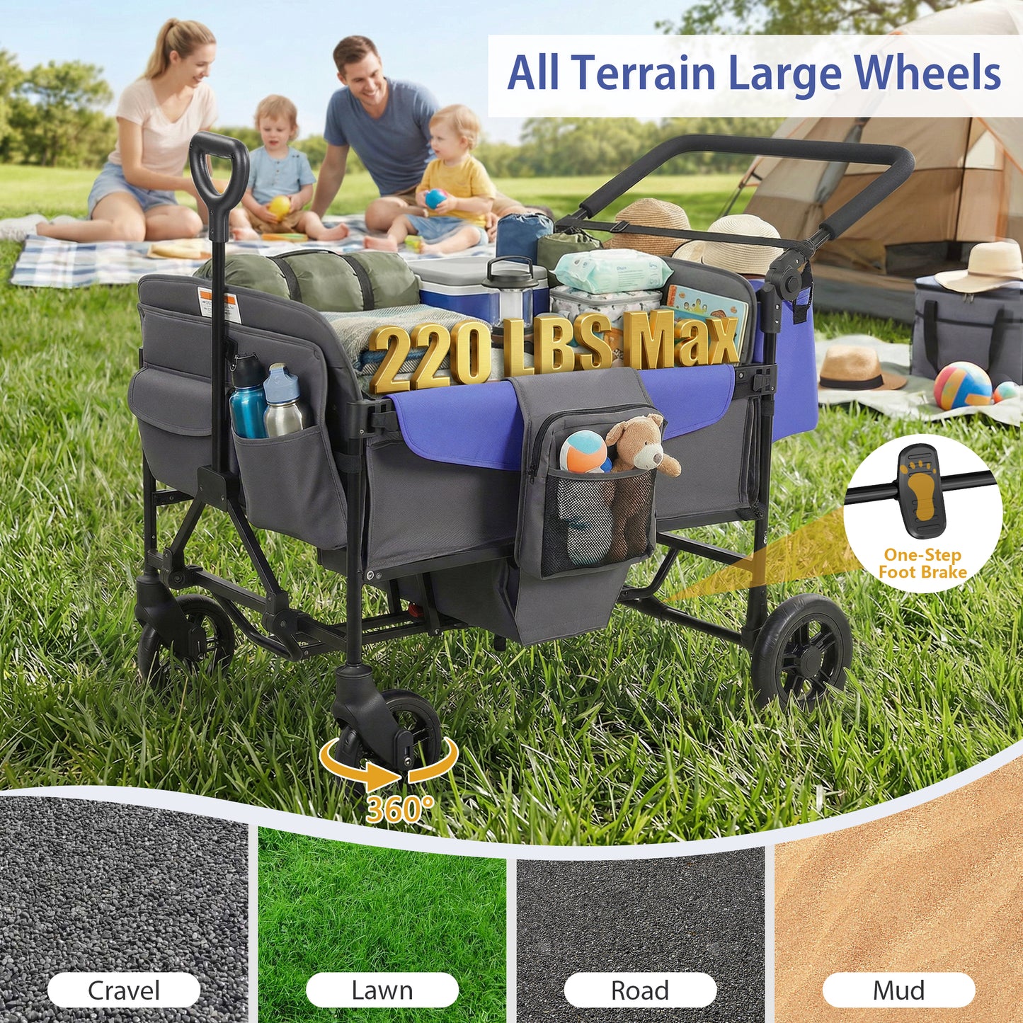 Minikid 4 Seater Wagon Stroller with Canopy,5-Point Harness,Adjustable Handlebars for Baby Toddlers,Gray