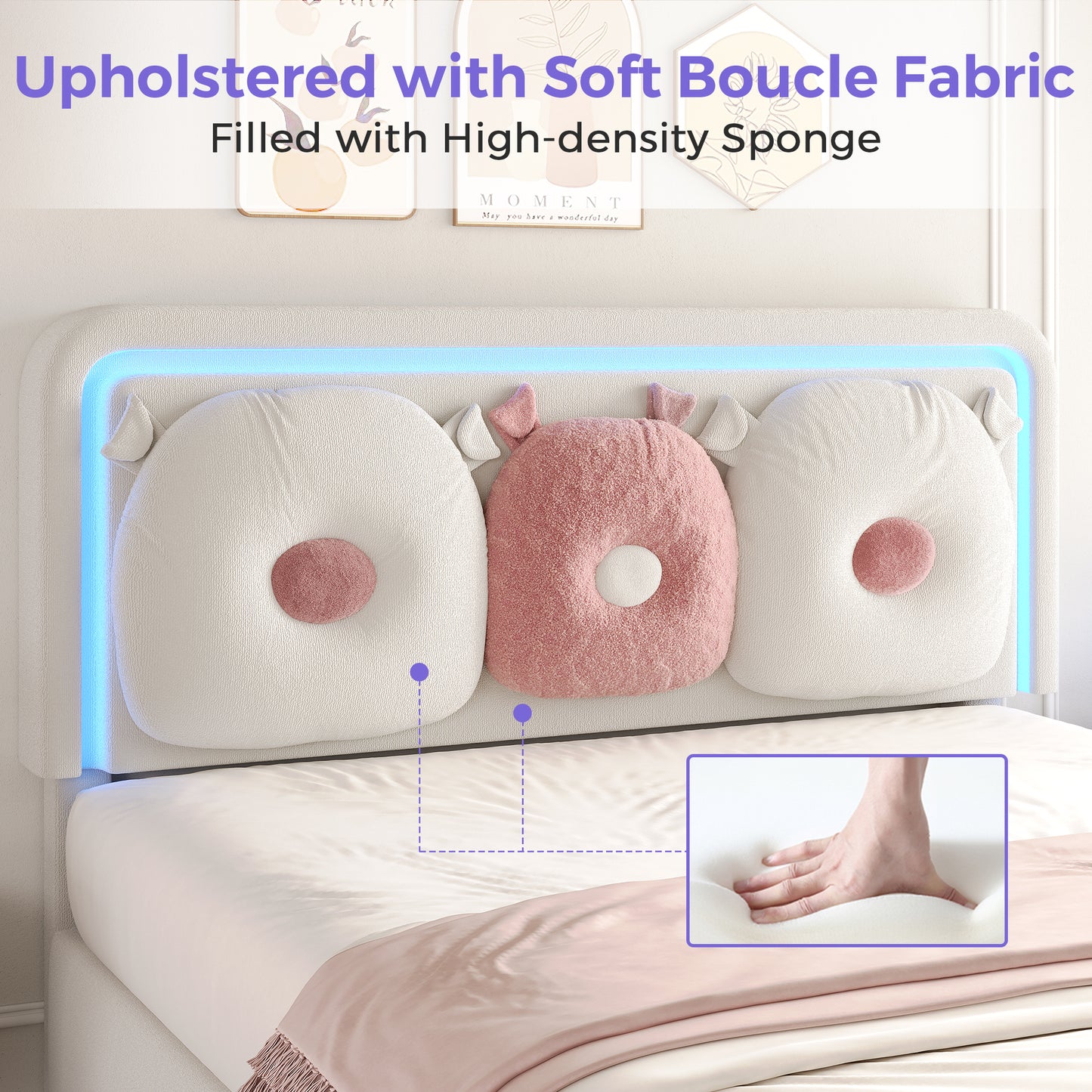 Anyact Queen Size Bed Frame with 2 Storage Drawers, Removable Pillow, LED Light Platform Bed with Teddy Velvet Headboard, Beige