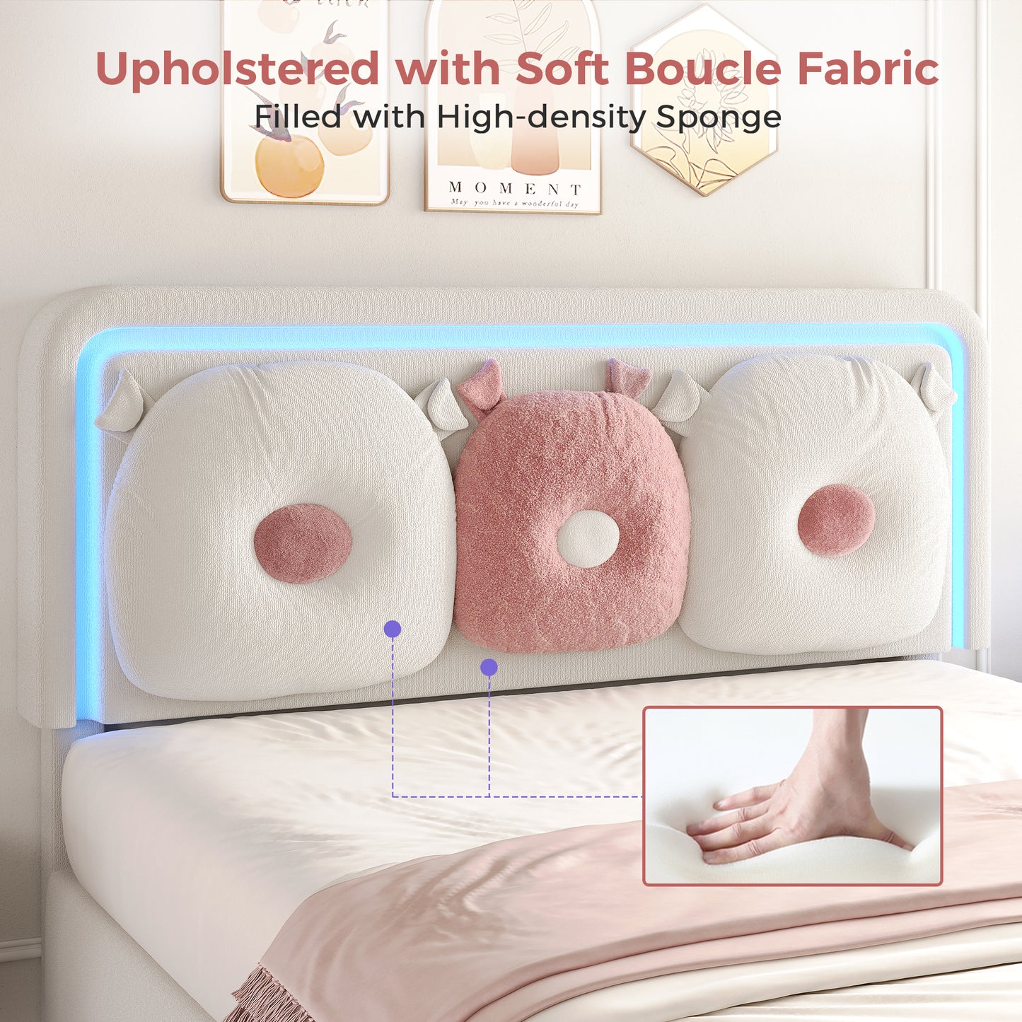 Anyact Queen Bed Frame with LED Lights, Height Adjustable Headboard, Floating Platform Bed with Teddy Velvet Removable Pillow for Bedroom, Solid Wood Slats Support, Beige/Pink