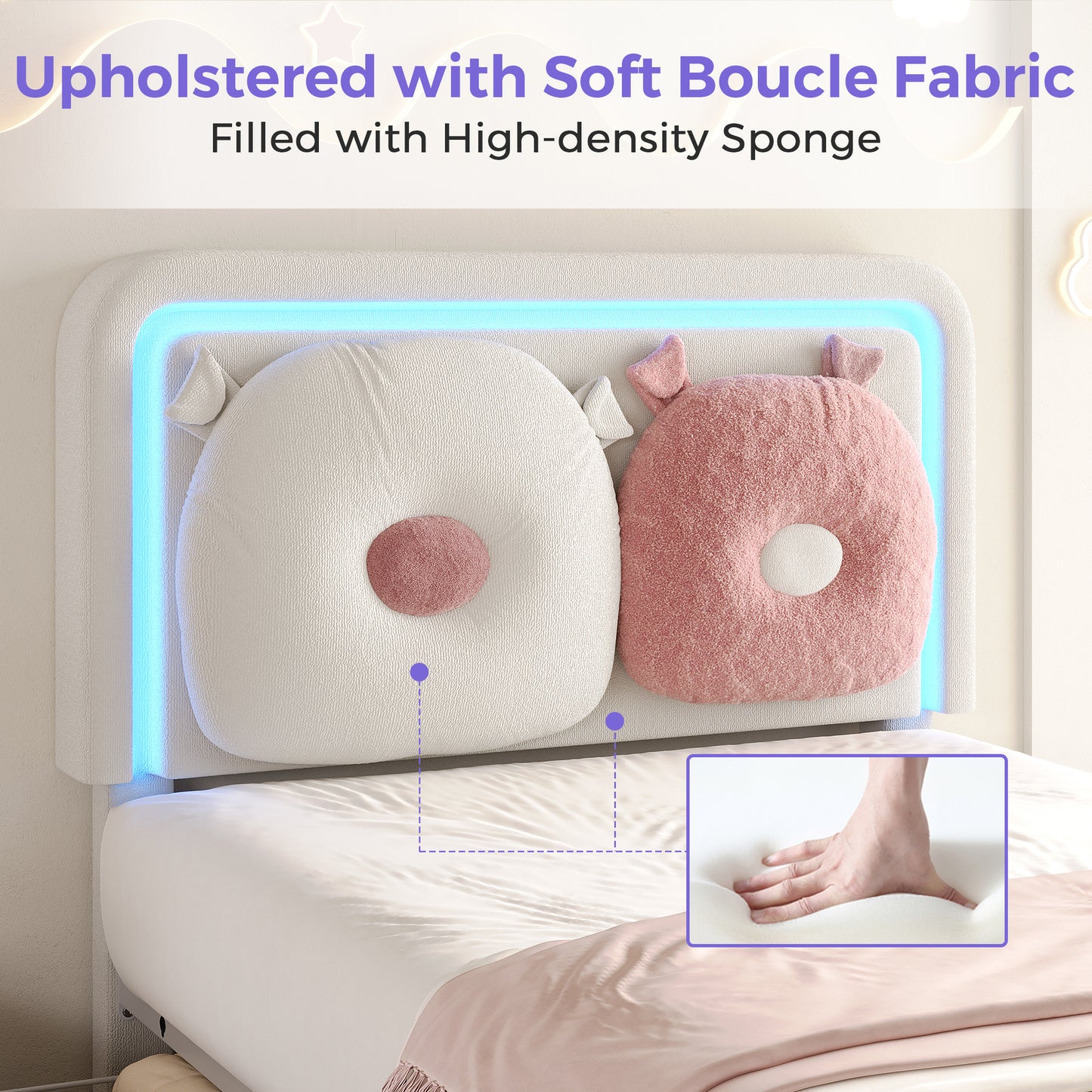 Anyact Twin Size Boucle Upholstered LED Bed Frame with Storage Drawer, Height Adjustable Headboard, Removable Pillow for Bedroom, Beige/Pink