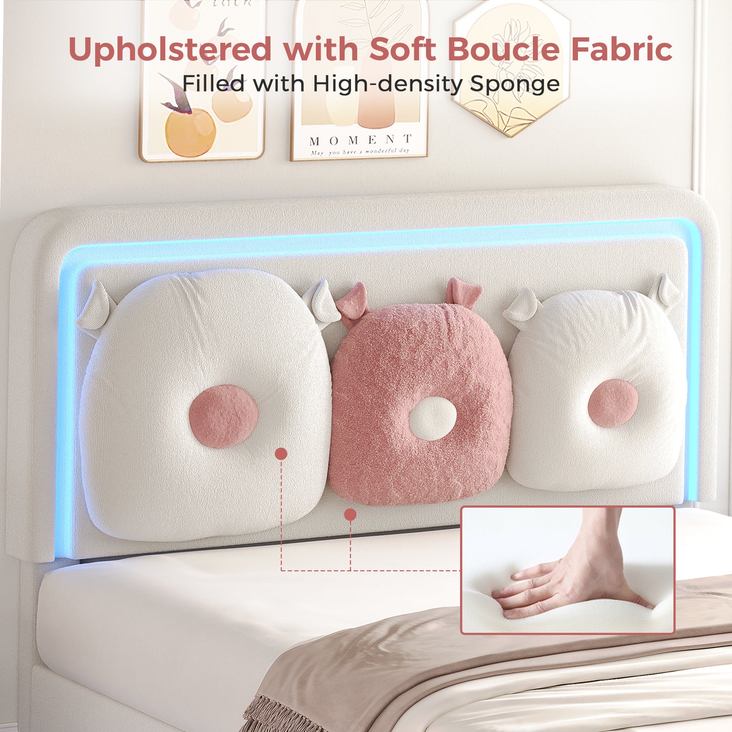 Anyact LED Bed Frame with Removable Soft Cloud Teddy Velvet Throw Pillow Upholstered Height-adjustable Headboard for Kids/Girls, Beige/Pink,Twin Size