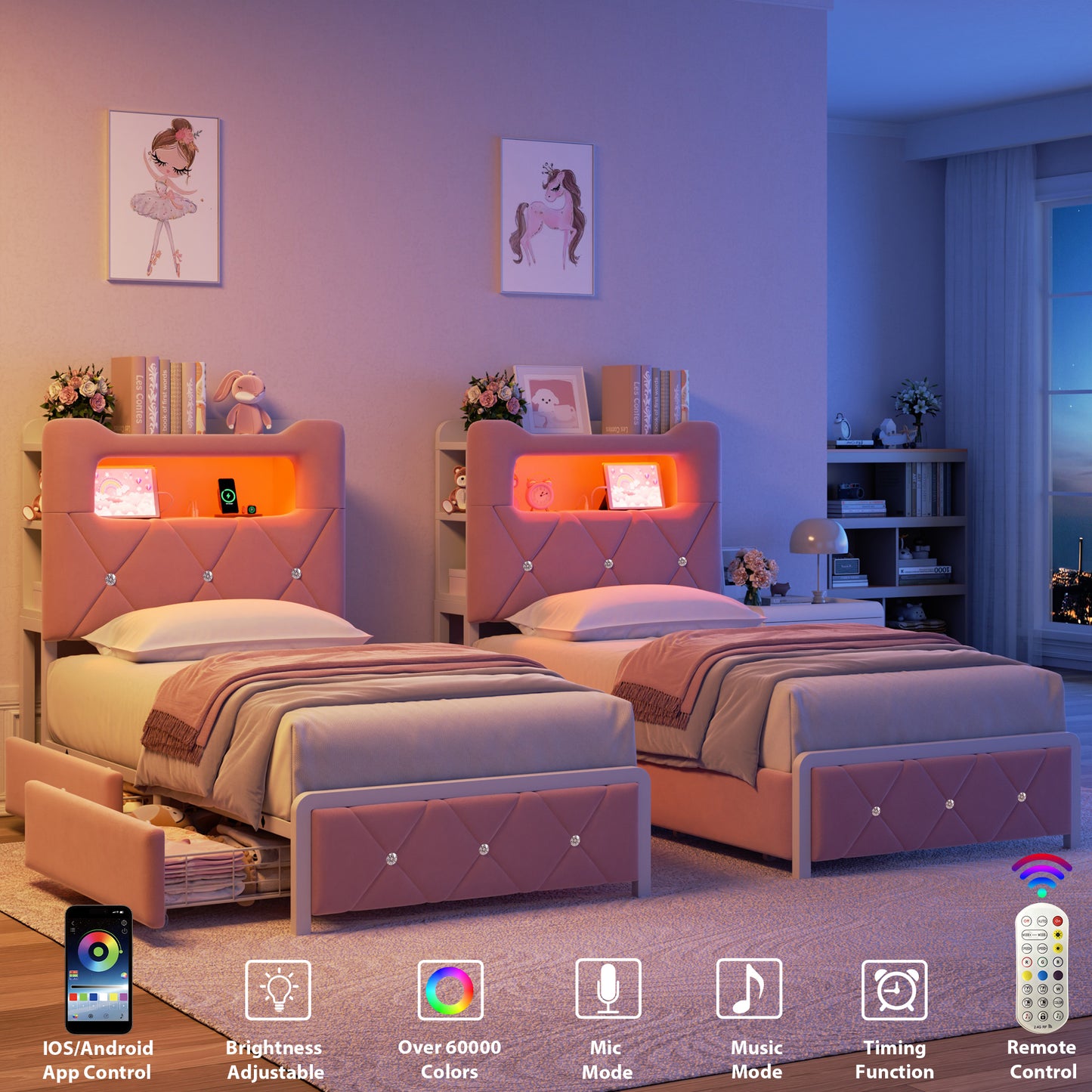 Vipuse Twin Bed Frame with 2-Tier Storage Headboard, Metal Platform Bed Frame with 2 Storage Drawers, Built in Charging Station & LED, Pink