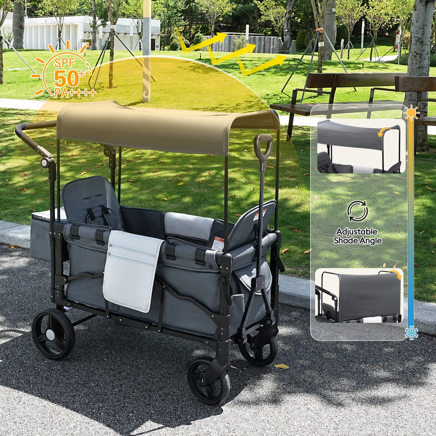 Minikid Stroller Wagon for 2 Kids, Baby Wagon Stroller with Adjustable Handle for Infants and Toddlers Includes Canopy & Organizer, Foldable and Convenient for Storage