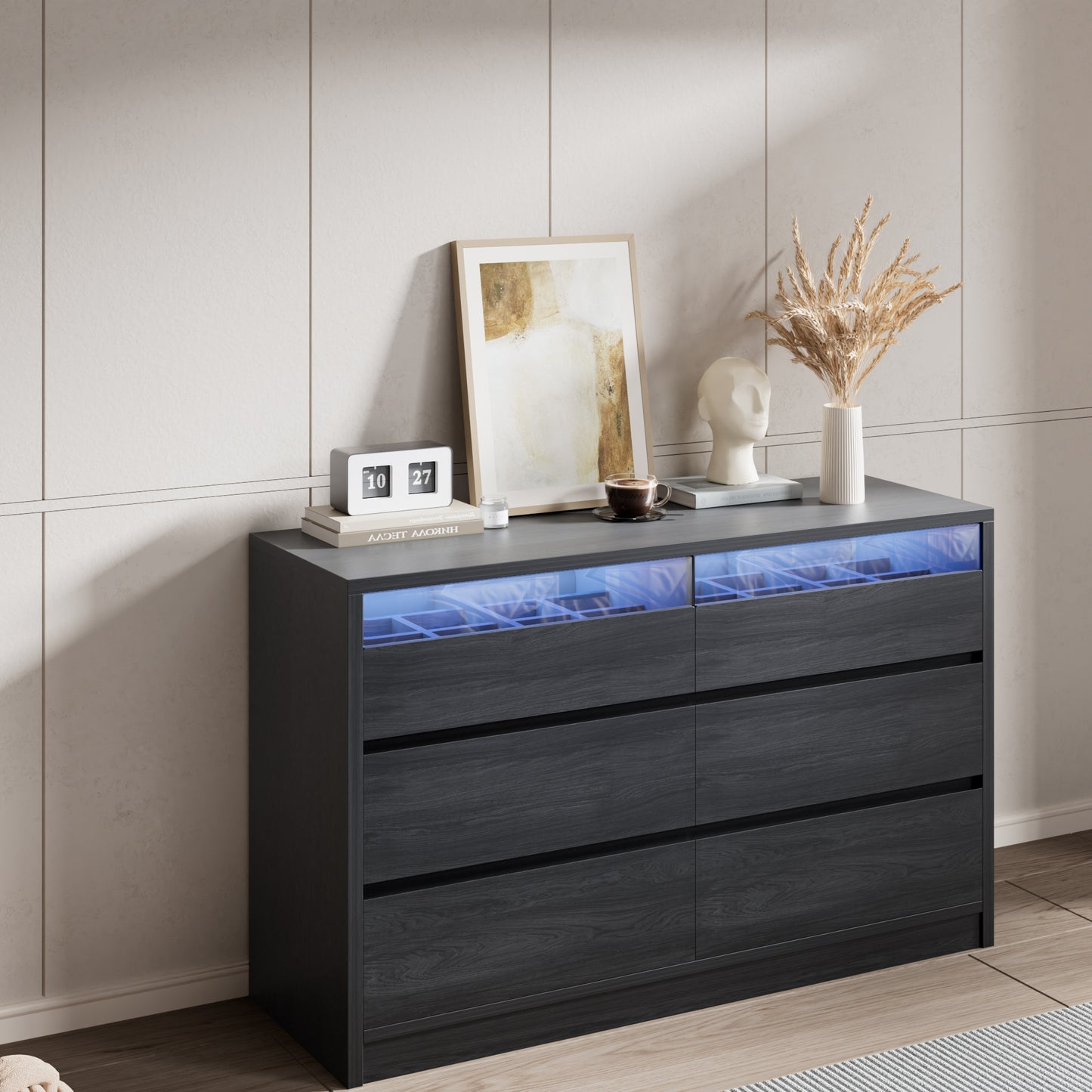 Anyact Modern 6 Drawer Double Dresser with LED Light, Black