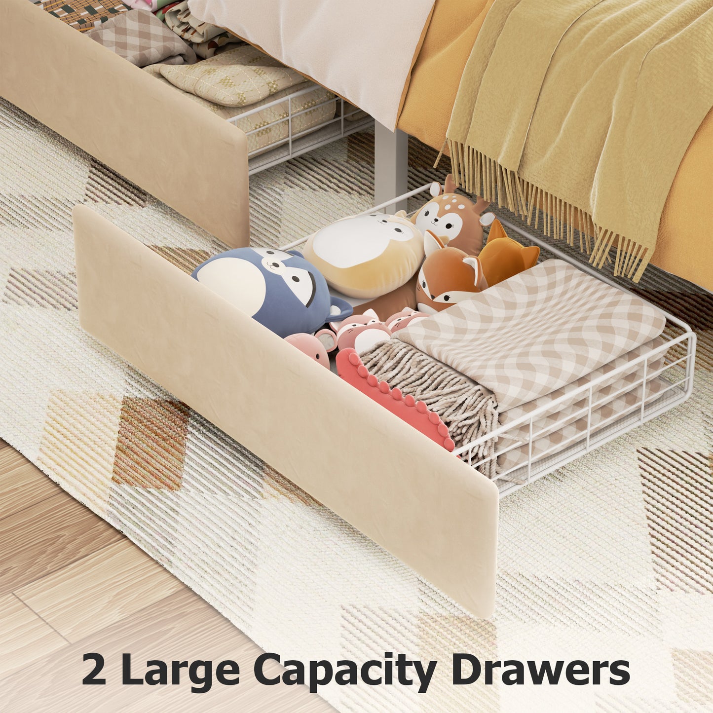 Anyact Full Bed Frame with 2-Tier Storage Headboard, Metal Platform Bed Frame with 2 Storage Drawers, Built in Charging Station & LED, Beige