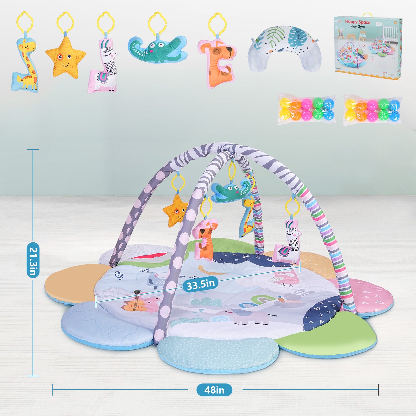 Minikid Baby Play Gym,Baby Tummy Time Activity Mat with 5 Sensory Toys,20 Ocean Balls,Floor Crawling Mat for Early Stage-Based Sensory and Motor Skill Development for Infant