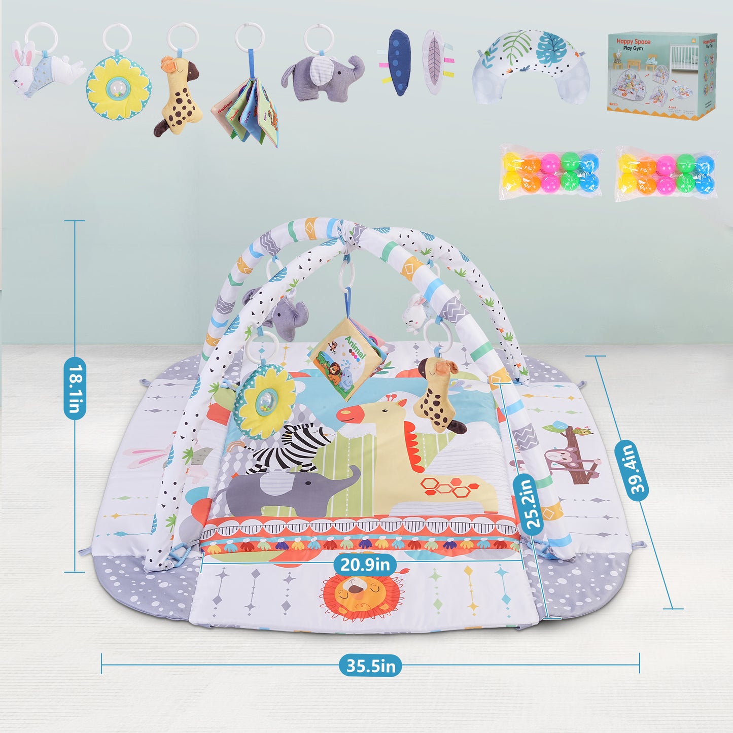 Minikid Baby Play Mat,Infant Floor Play Mat with 5 Sensory Toys,7 Ocean Balls,Baby Gym for Early Stage Based Sensory and Motor Skill Development for Infant