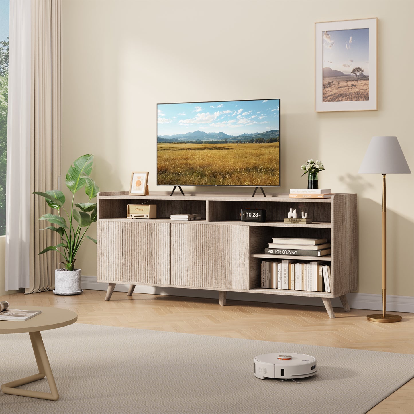 Anyact Modern Fluted-Door TV Stand for 55-65 inch TV, Entertainment Center with Storage Cabinets for Living Room(Sunwashed Ash Oak)