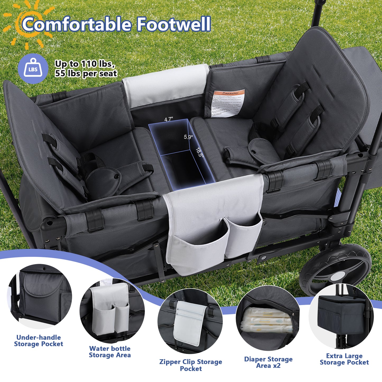 Minikid Stroller Wagon for 2 Kids, Baby Wagon Stroller with Adjustable Handle for Infants and Toddlers Includes Canopy & Organizer, Foldable and Convenient for Storage