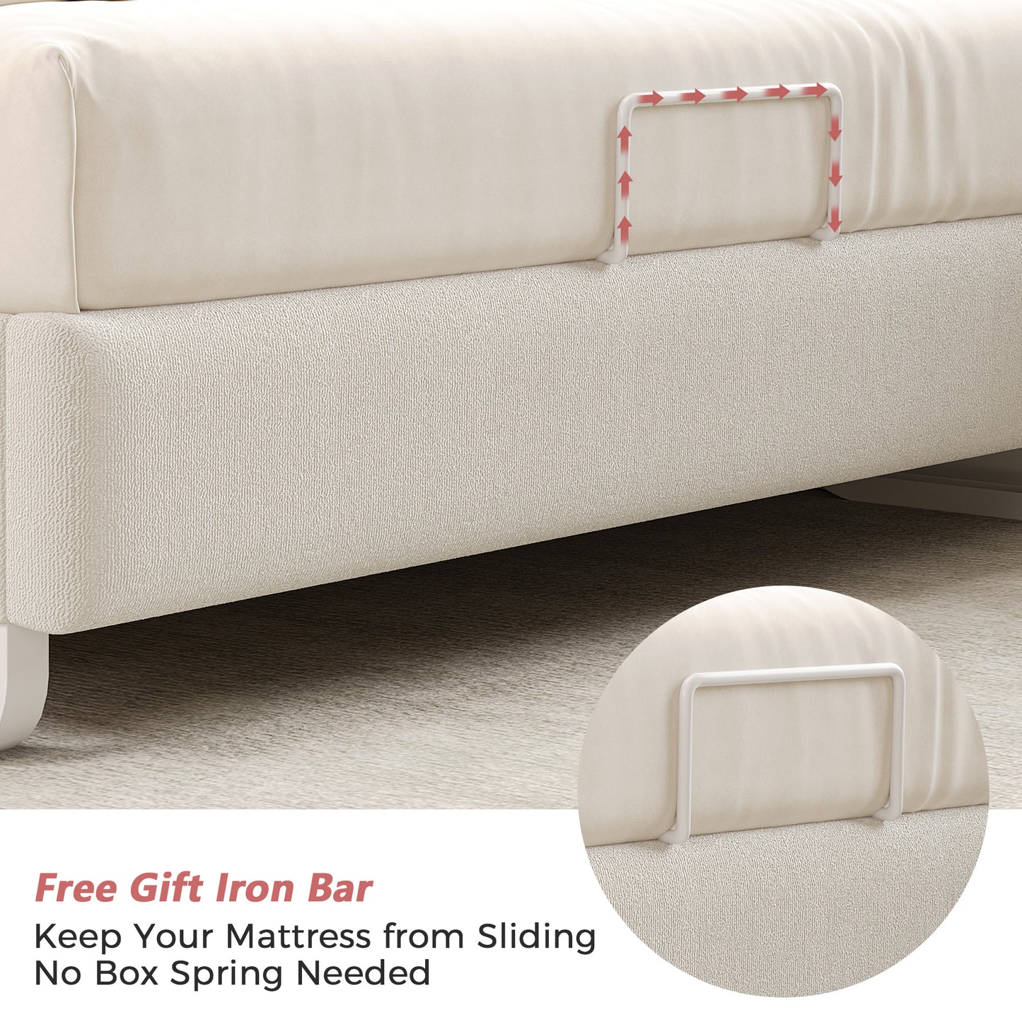 Anyact Full Bed Frame with LED Lights, Height Adjustable Headboard, Floating Platform Bed with Teddy Velvet Removable Pillow for Bedroom, Solid Wood Slats Support, Beige/Pink