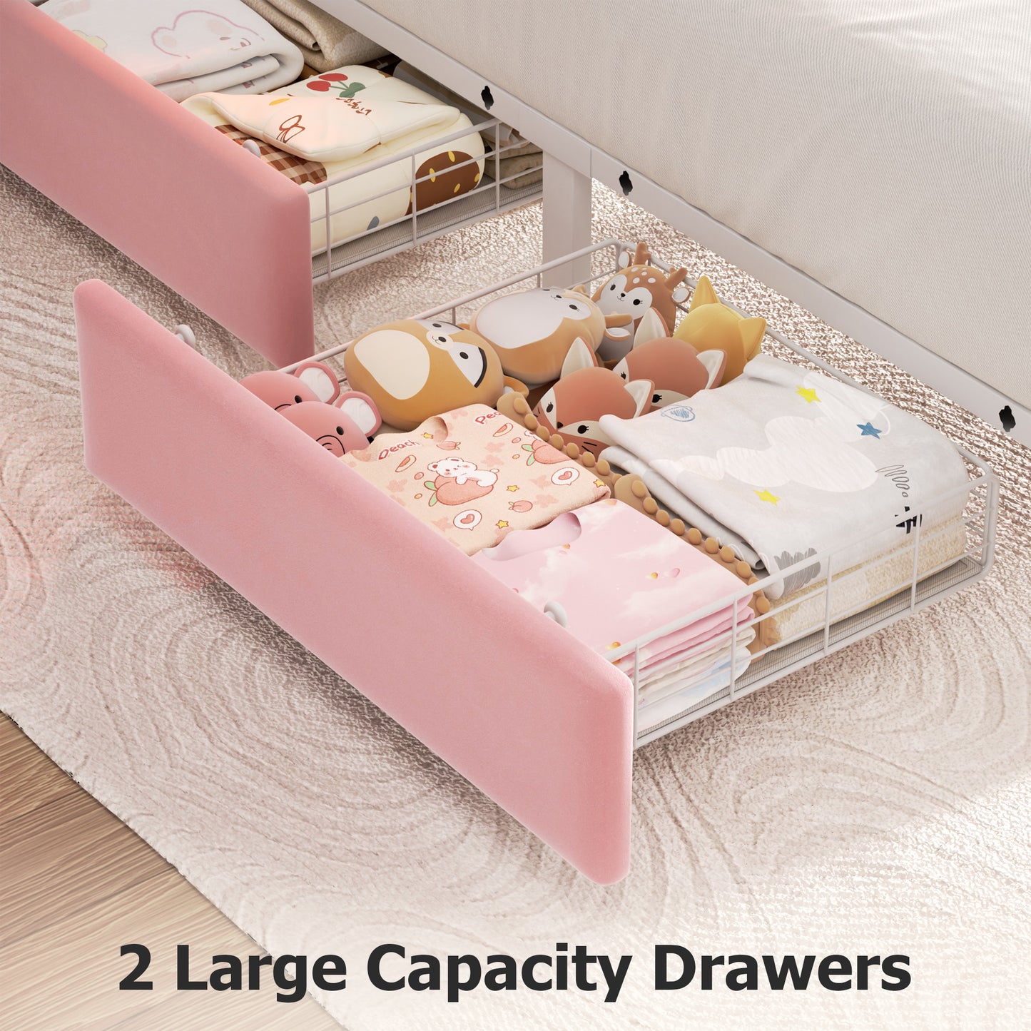 Vipuse Twin Bed Frame with 2-Tier Storage Headboard, Metal Platform Bed Frame with 2 Storage Drawers, Built in Charging Station & LED, Pink