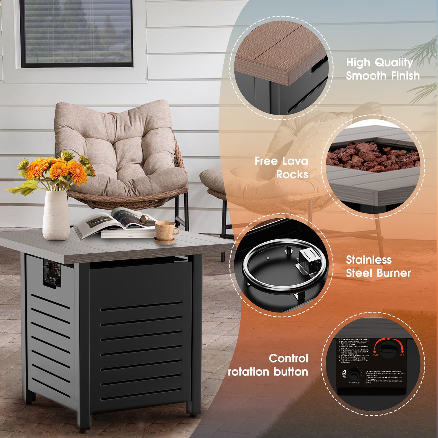 28" Square 50,000 BTU Propane Gas Fire Pit Table with Metal(Steel)&Hand painted paint desktop