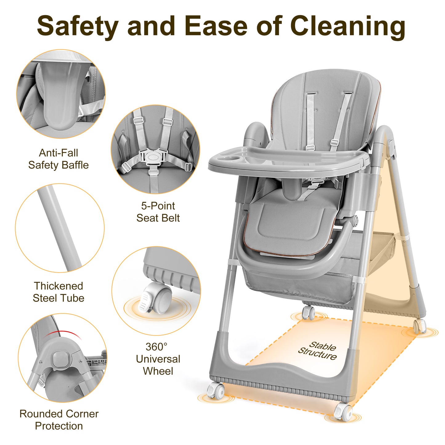Minikid Foldable High Chair for Baby,3-in-1 Portable Feeding Chair,Baby Seat with Wheels,8-Gear Seat Adjustment,2 Removable Dining Trays,Gray