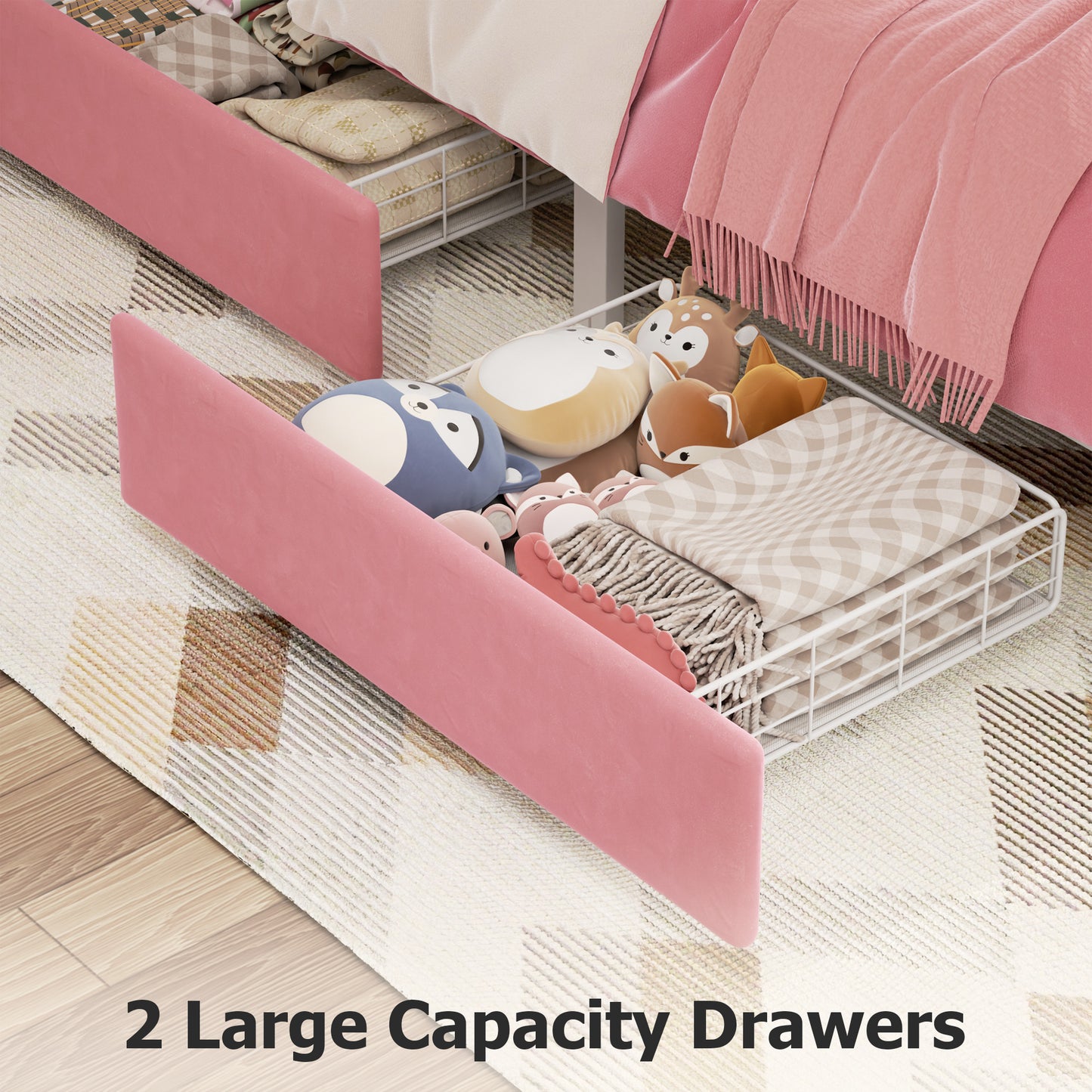 Anyact Full Bed Frame with 2-Tier Storage Headboard, Metal Platform Bed Frame with 2 Storage Drawers, Built in Charging Station & LED, Pink