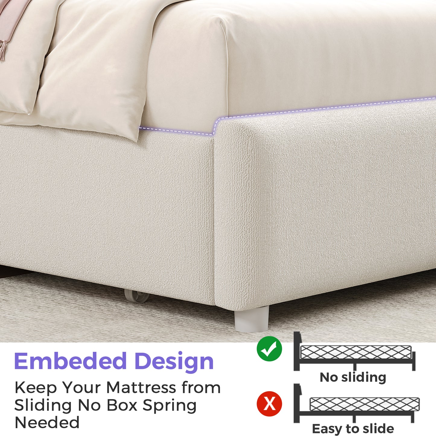 Anyact Full Size Bed Frame with 2 Storage Drawers, Removable Pillow, LED Light Platform Bed with Teddy Velvet Headboard, Beige