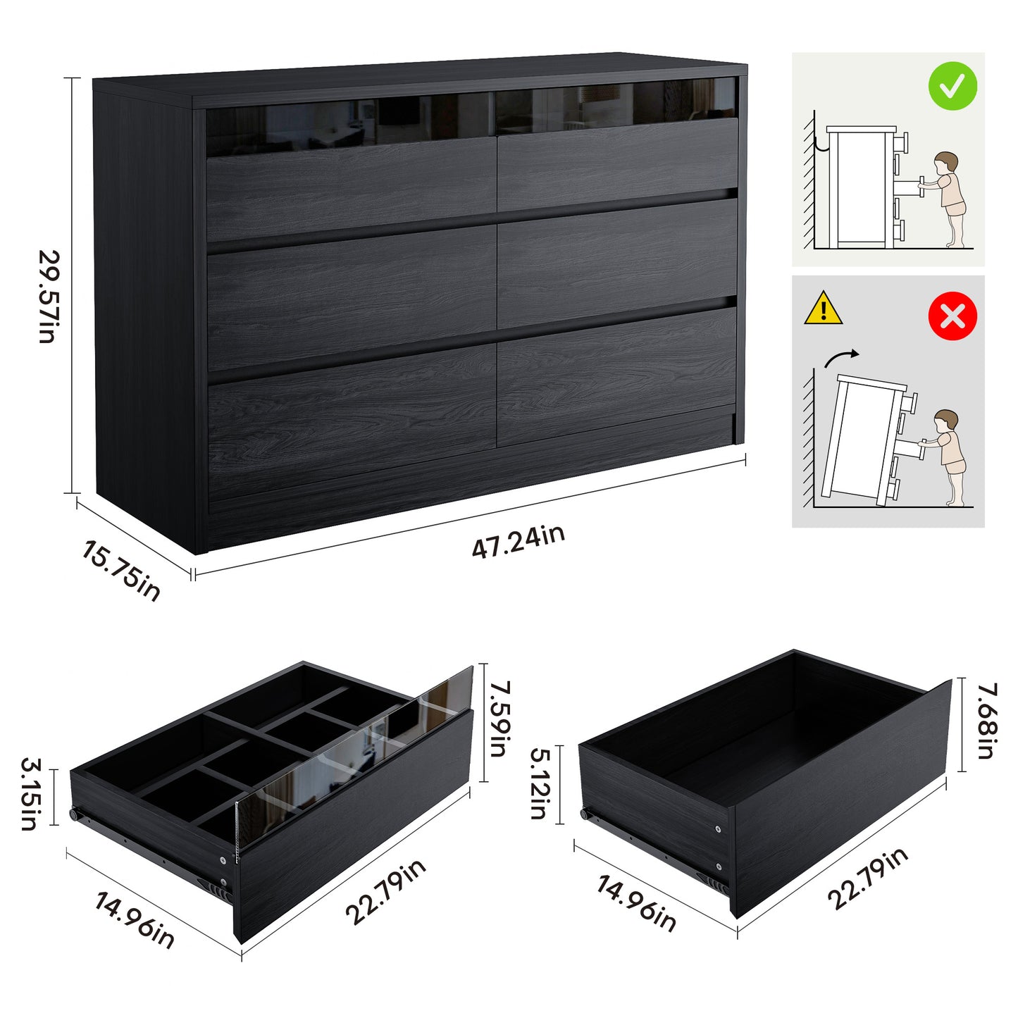 Anyact Modern 6 Drawer Double Dresser with LED Light, Black