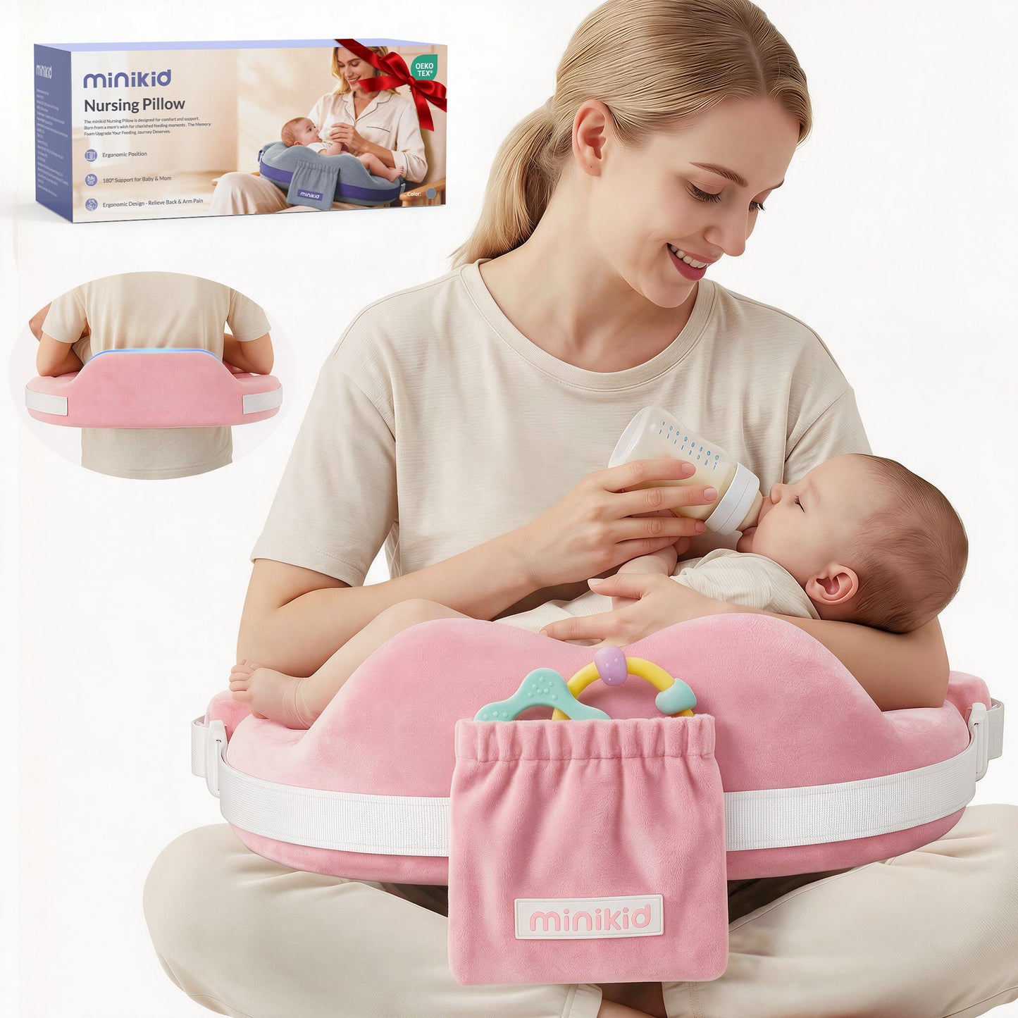 Vipuse Nursing Pillow for Breastfeeding,60D Firm Memory Foam, Ergonomic Design with Lumbar & Arm Support, Safety Fence, Adjustable,Safe and Comfortable Feeding,Pink