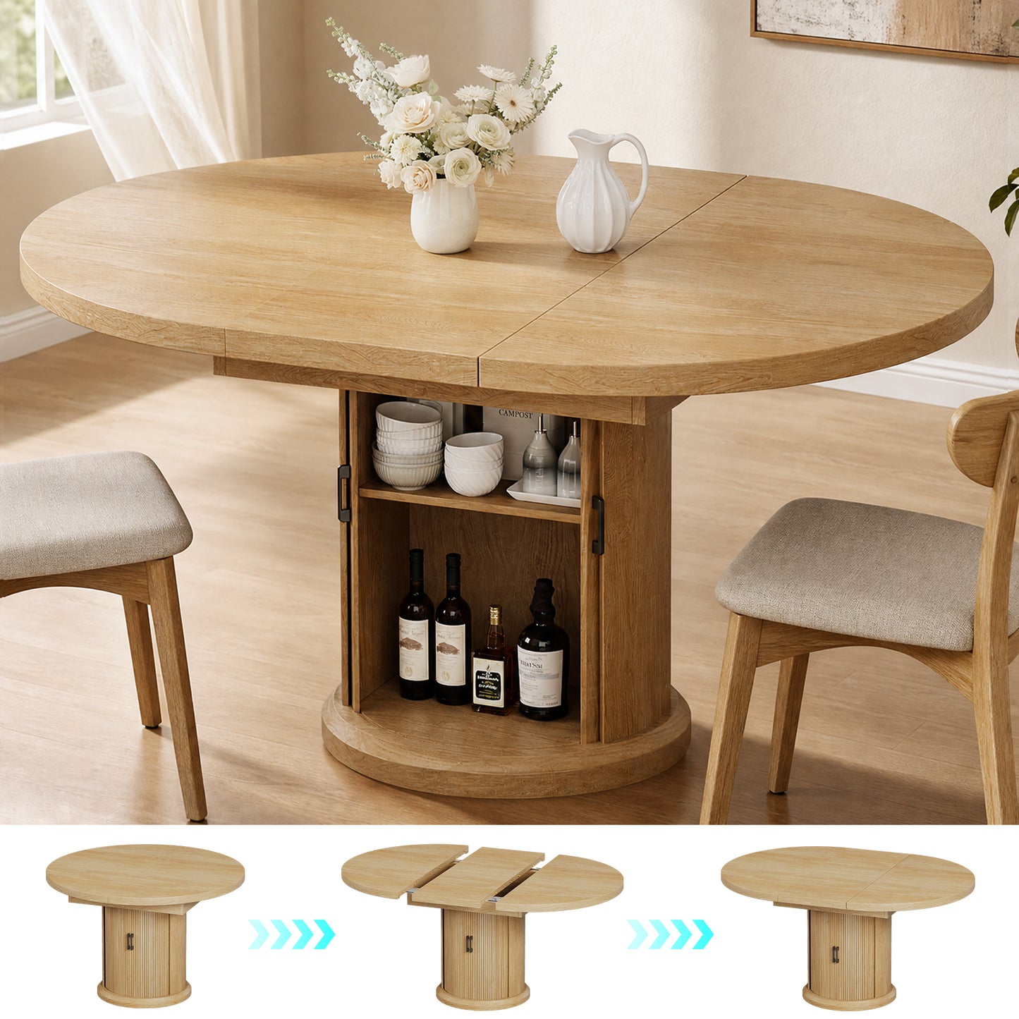 Hijob 47″–63″ Extendable Dining Table with 2 Tier Storage Cabinet - Oval Dining Table Convertible Round Kitchen Table for 4-8 People, Natural