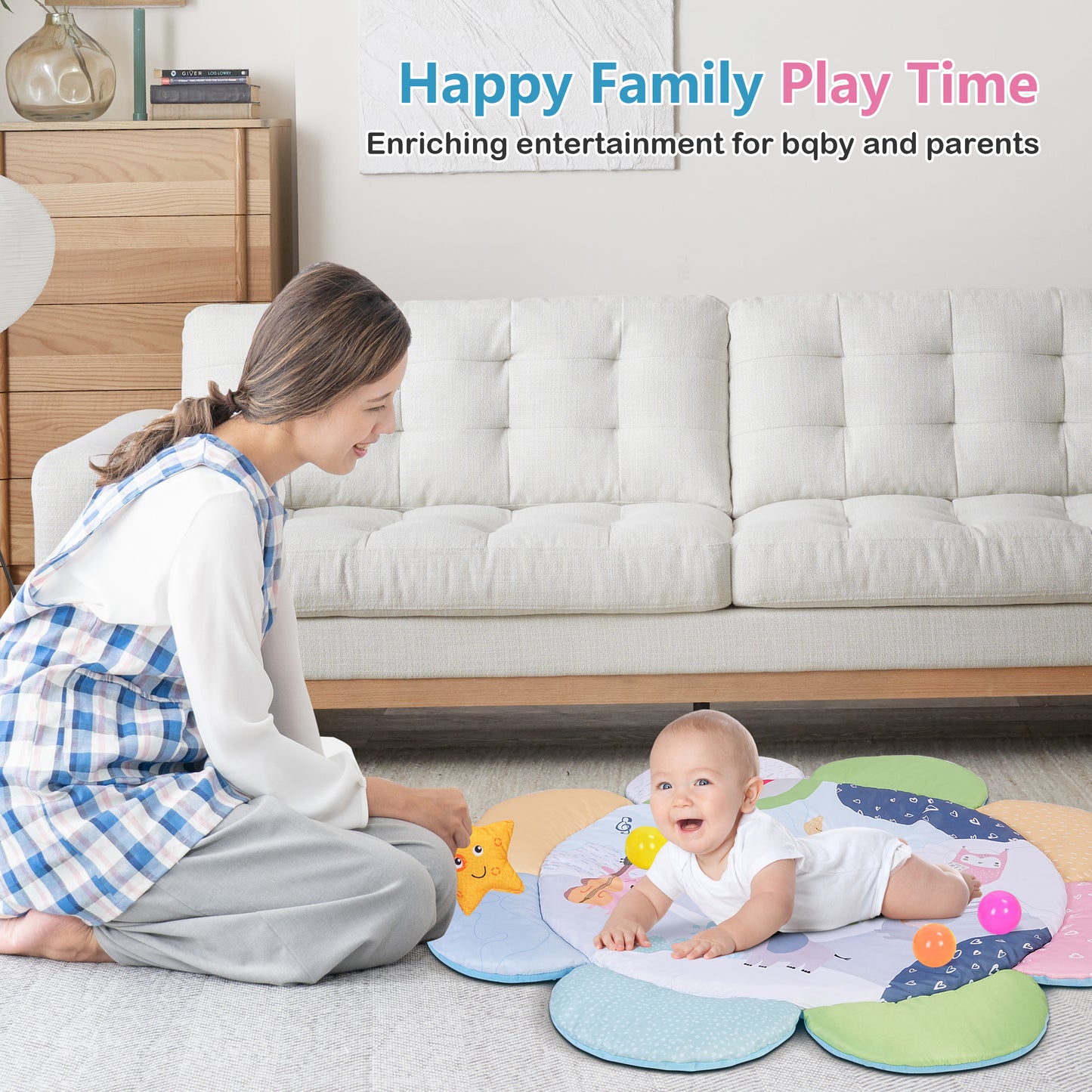 Minikid Baby Play Gym,Baby Tummy Time Activity Mat with 5 Sensory Toys,20 Ocean Balls,Floor Crawling Mat for Early Stage-Based Sensory and Motor Skill Development for Infant