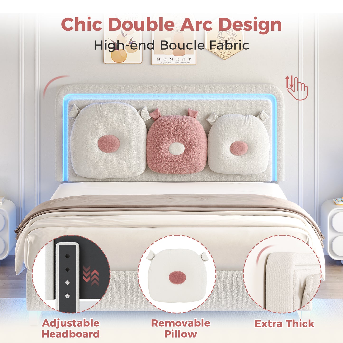 Anyact Full Bed Frame with LED Lights, Height Adjustable Headboard, Floating Platform Bed with Teddy Velvet Removable Pillow for Bedroom, Solid Wood Slats Support, Beige/Pink