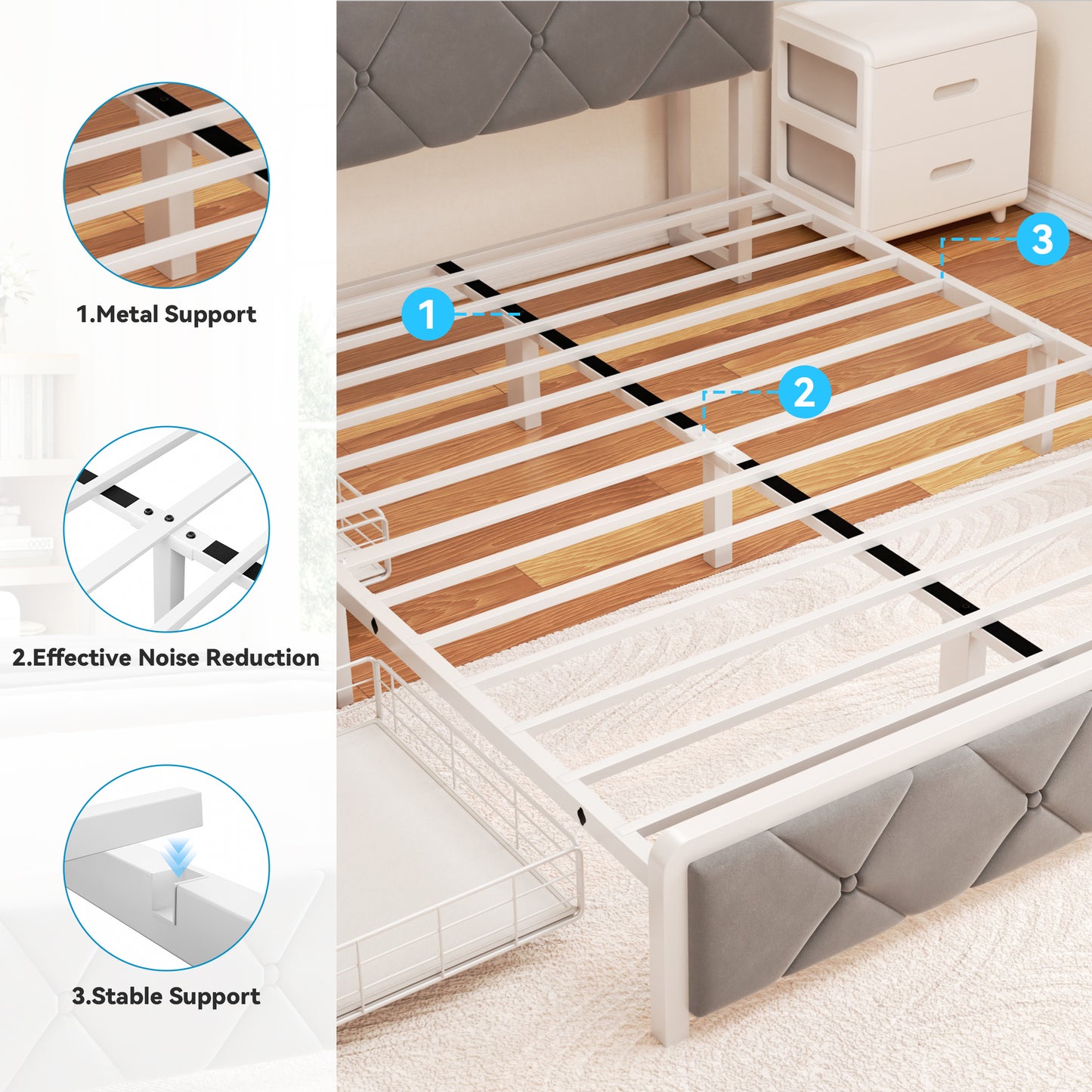 Anyact Full size Bed frame with 2 storage drawers and Headboard Metal Platform Bed Frame & LED Light Headboard, Built in Charging Station and Easy Assembly/Noise-Free, Gray