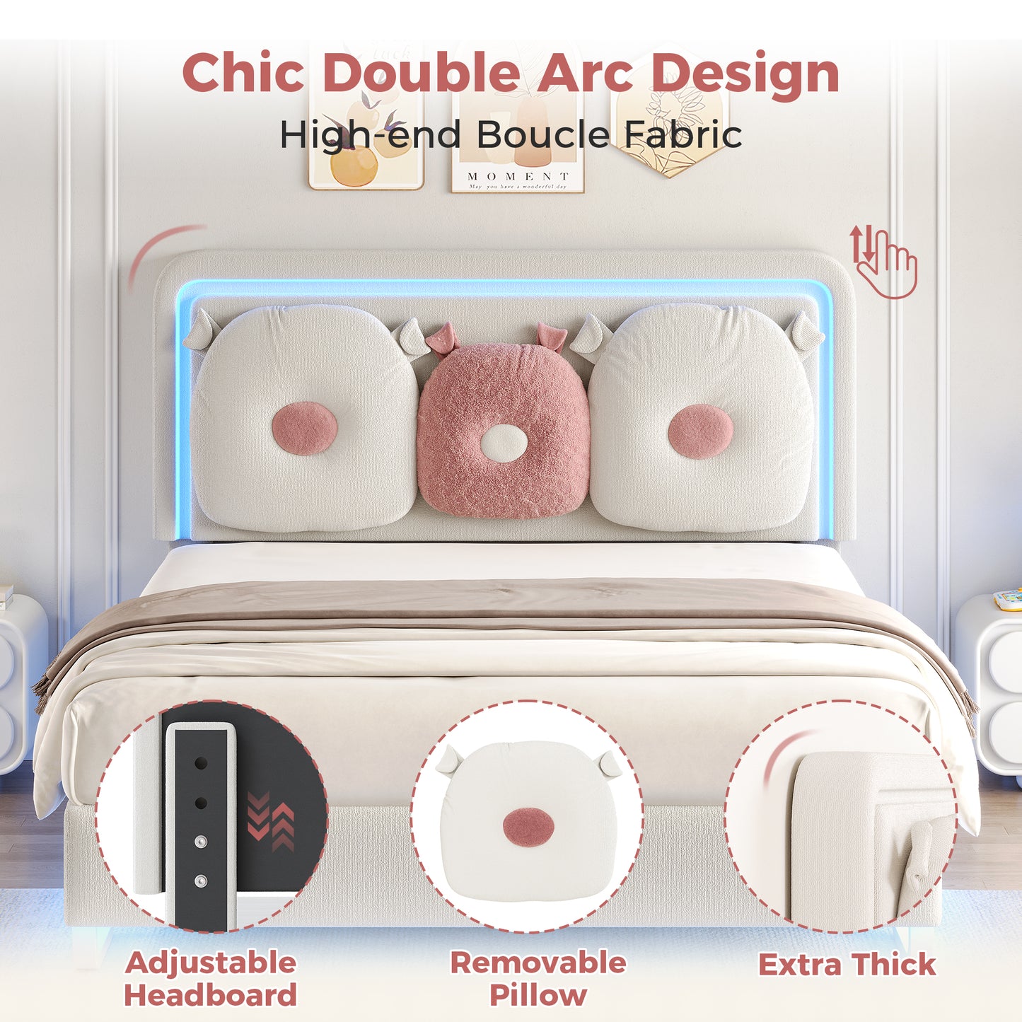 Anyact Queen Bed Frame with LED Lights, Height Adjustable Headboard, Floating Platform Bed with Teddy Velvet Removable Pillow for Bedroom, Solid Wood Slats Support, Beige/Pink