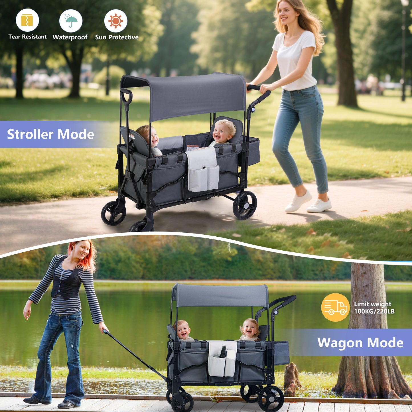 Minikid Stroller Wagon for 2 Kids, Baby Wagon Stroller with Adjustable Handle for Infants and Toddlers Includes Canopy & Organizer, Foldable and Convenient for Storage