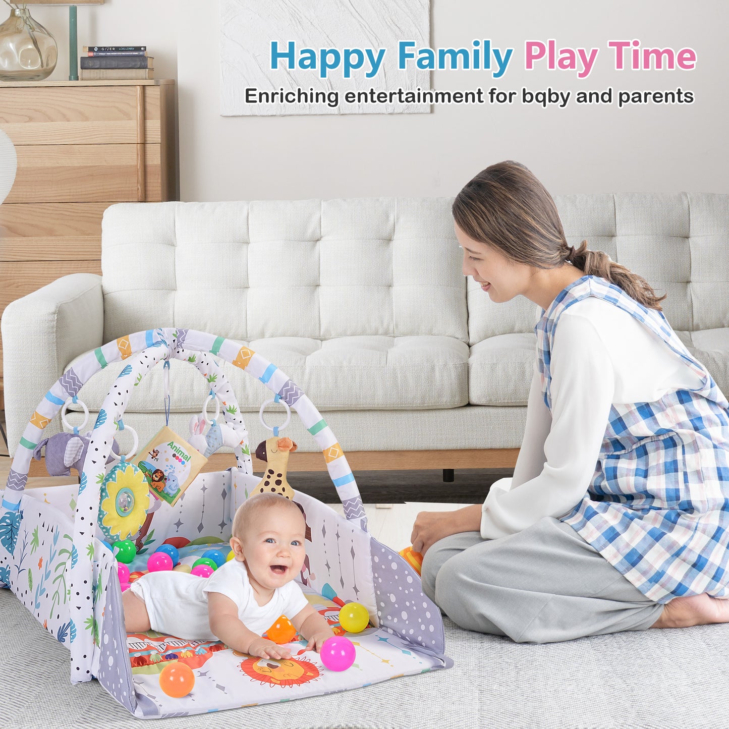 Minikid Baby Play Mat,Infant Floor Play Mat with 5 Sensory Toys,7 Ocean Balls,Baby Gym for Early Stage Based Sensory and Motor Skill Development for Infant