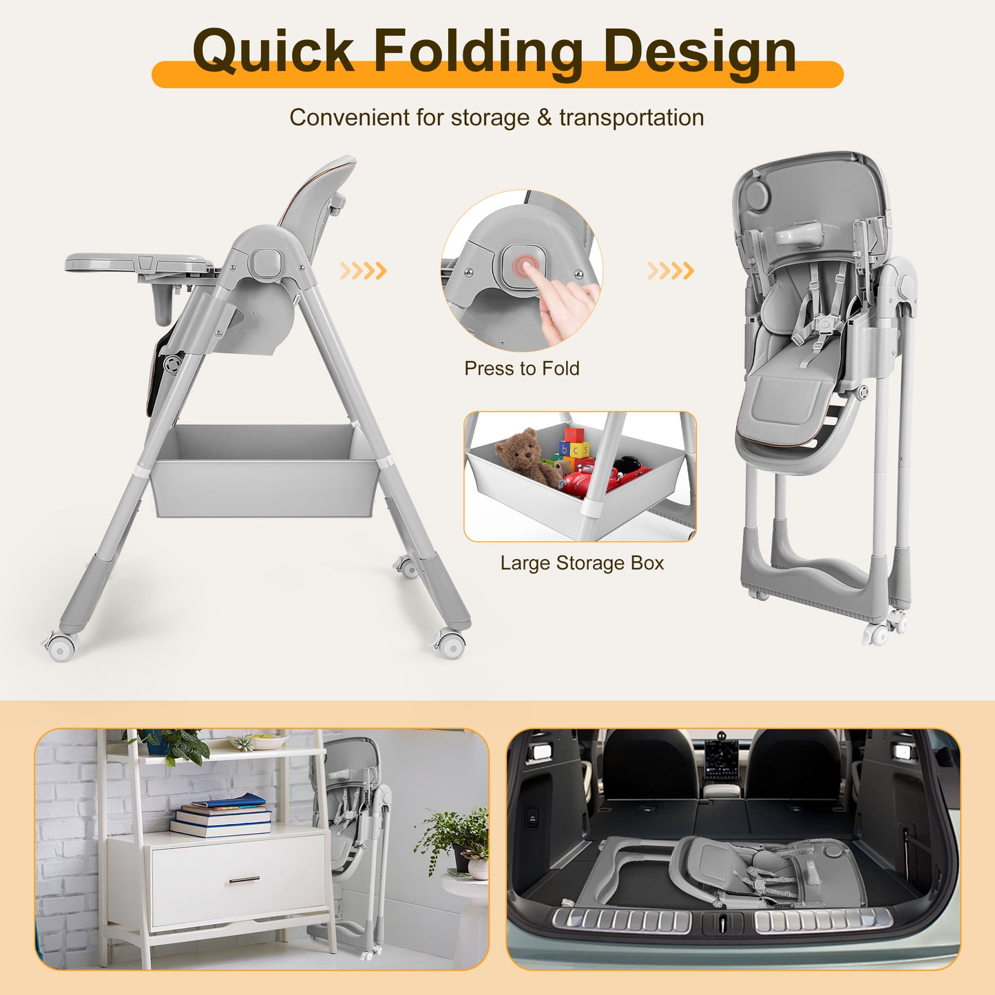 Minikid Foldable High Chair for Baby,3-in-1 Portable Feeding Chair,Baby Seat with Wheels,8-Gear Seat Adjustment,2 Removable Dining Trays,Gray