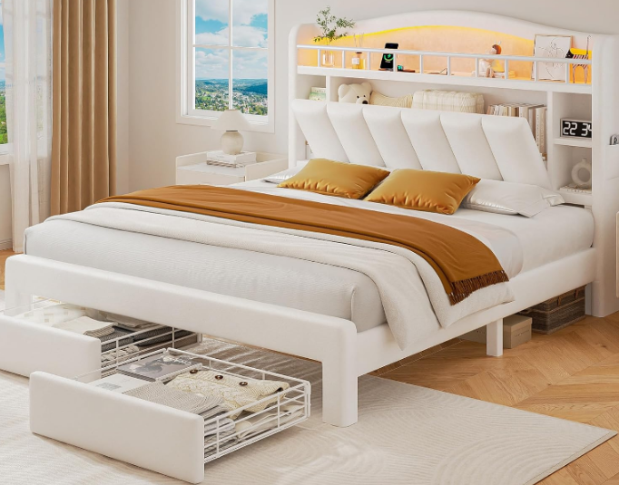 Hijob Beige Velvet Upholstered Platform Full Size LED Bed Frame with Drawer Adjustable Lighted Headboard for Girls Kid's Bedroom