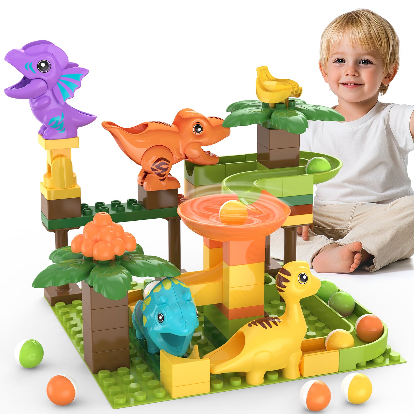 Marble Run Building Blocks Dino Toys, DIY Dinosaur Building Block Slide & STEM Ball Race Track, Compatible with All Major Brands of Building Blocks for Kids Ages 3+