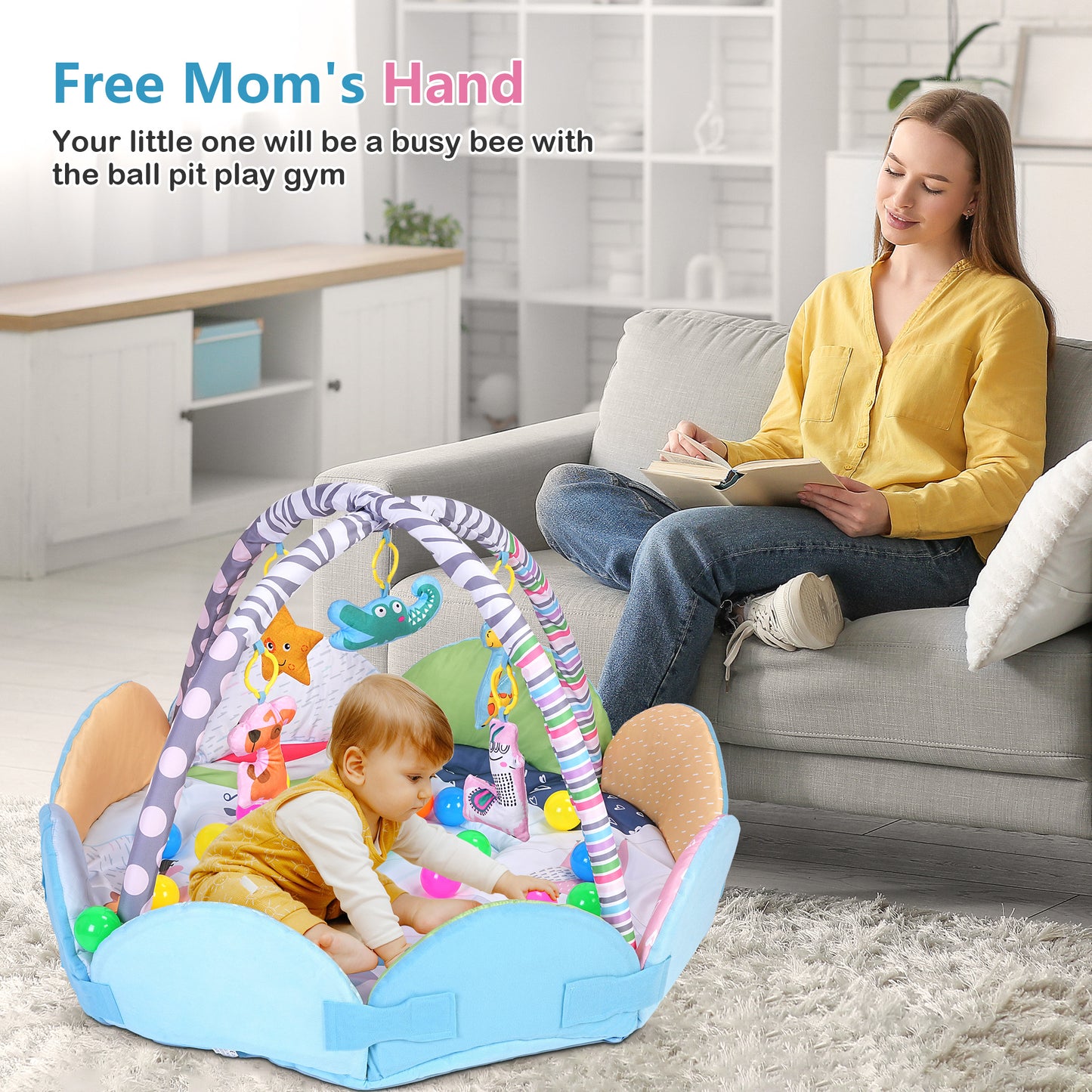 Minikid Baby Play Gym,Baby Tummy Time Activity Mat with 5 Sensory Toys,20 Ocean Balls,Floor Crawling Mat for Early Stage-Based Sensory and Motor Skill Development for Infant