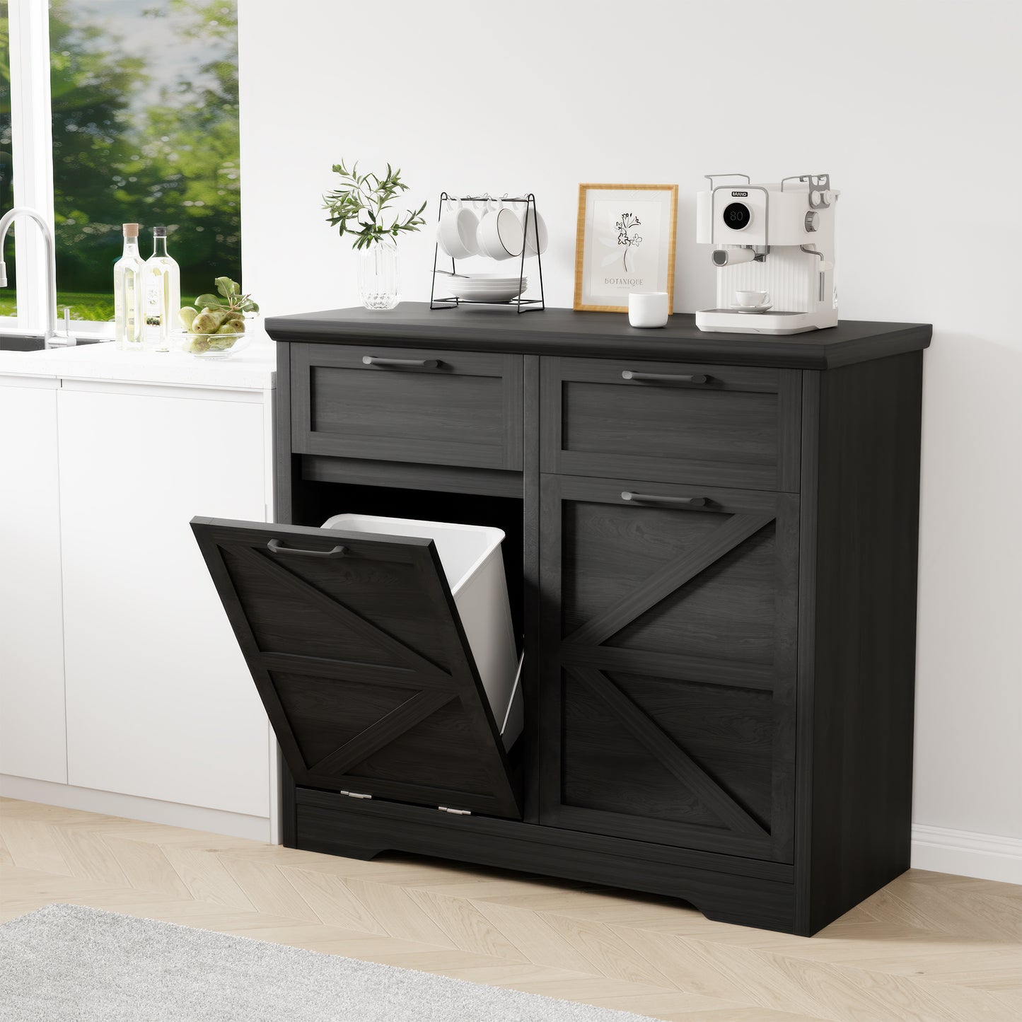 Anyact Double Tilt Out Trash Cabinet, Wooden Free Standing Trash Cabinet with Drawer, 20 Gallon Tilt Out Trash Cabinet (Black)