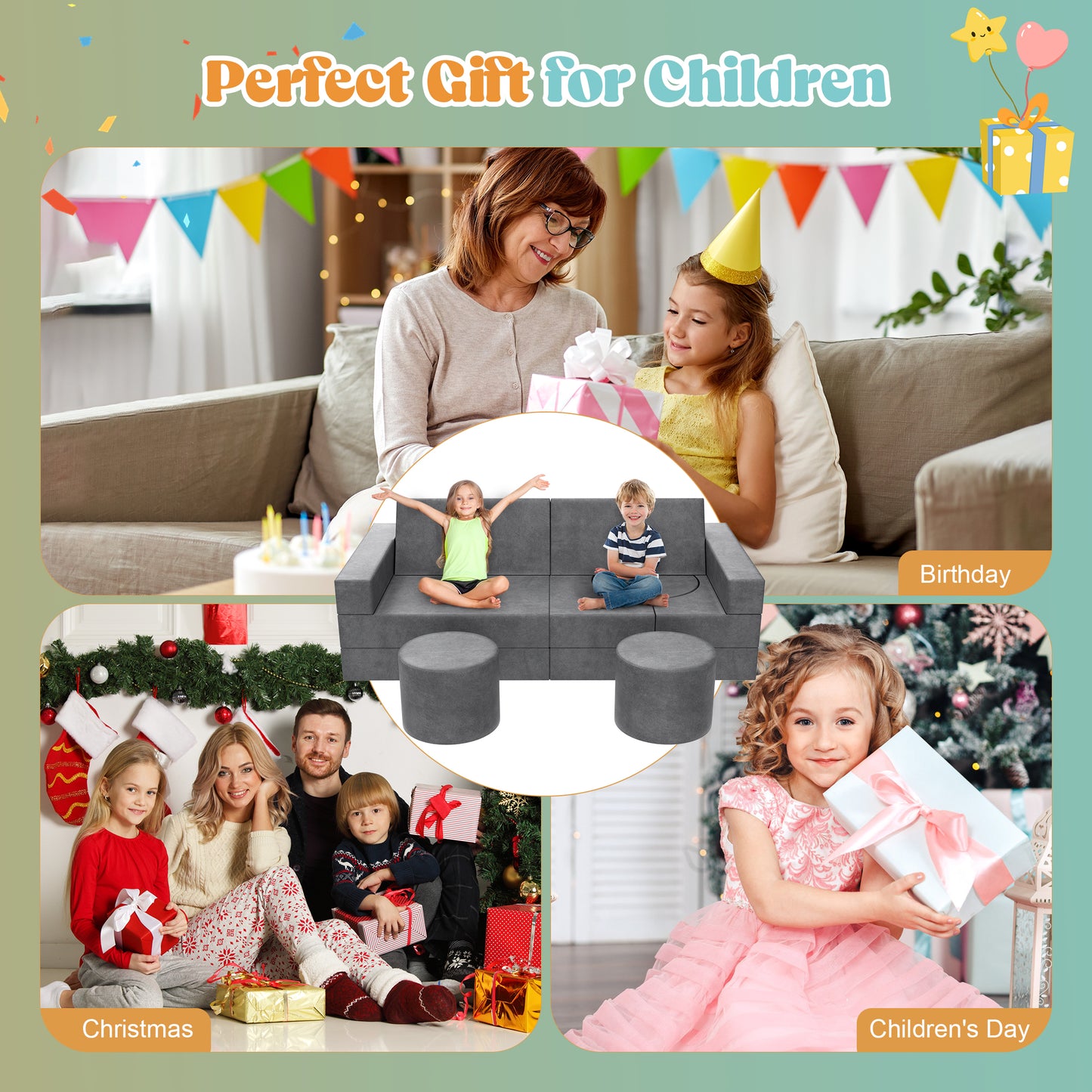 Minikid Kids Couch,13PCS Modular Toddler Couch Kids Sofa with 2 Ottomans,Child Sectional Sofa for Playroom