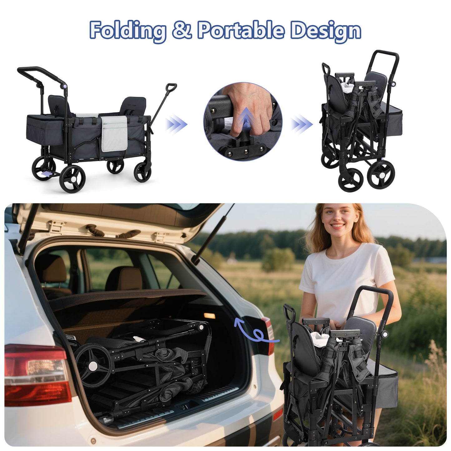 Minikid Stroller Wagon for 2 Kids, Baby Wagon Stroller with Adjustable Handle for Infants and Toddlers Includes Canopy & Organizer, Foldable and Convenient for Storage