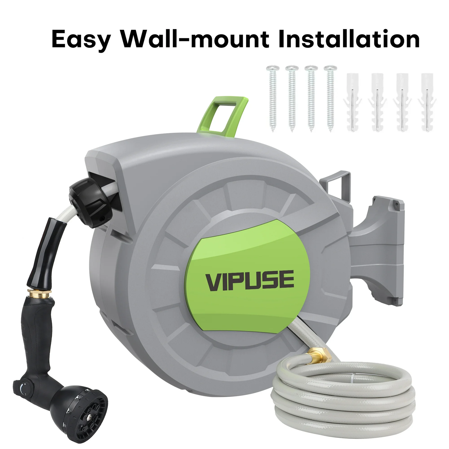 Vipuse Retractable Garden Hose Reel, 1/2 Inch x 100 ft Wall Mounted Garden Hose Reel, with 10 Pattern Nozzle, Any Length Lock, Slow Return System, 180° Swivel Bracket