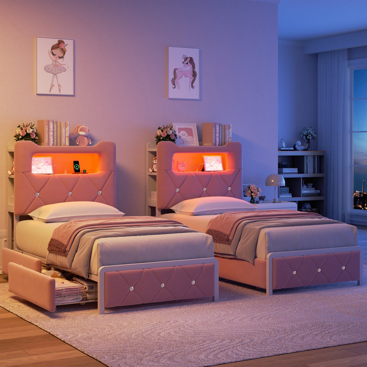 Anyact Twin Bed Frame with 2-Tier Storage Headboard, Metal Platform Bed Frame with 2 Storage Drawers, Built in Charging Station & LED, Pink