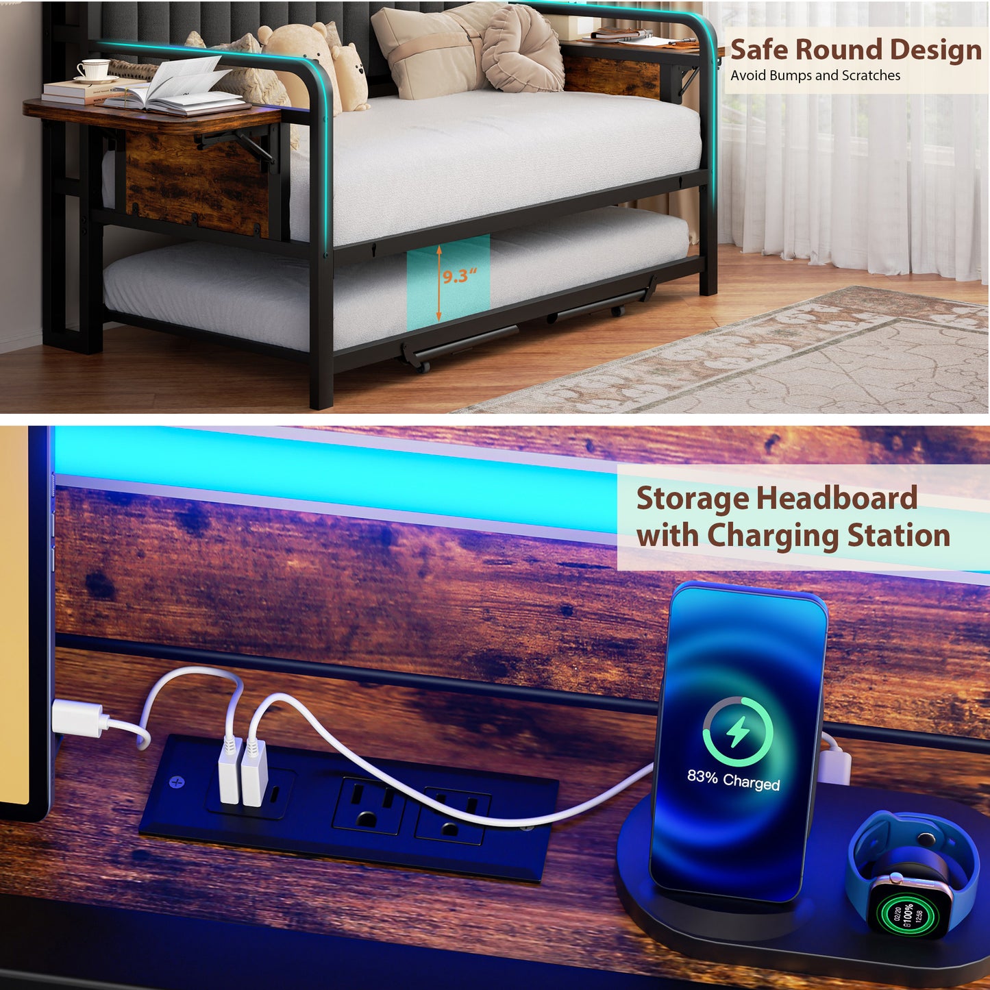 Anyact Daybed with Side Table/Charging Station/Upholstered Storage Headboard/LED Light/Pop-upTrundle, Industrial Heavy Duty Metal Twin Sofa Bed Frame for Guest Living Room/Bedroom,Black&Brown