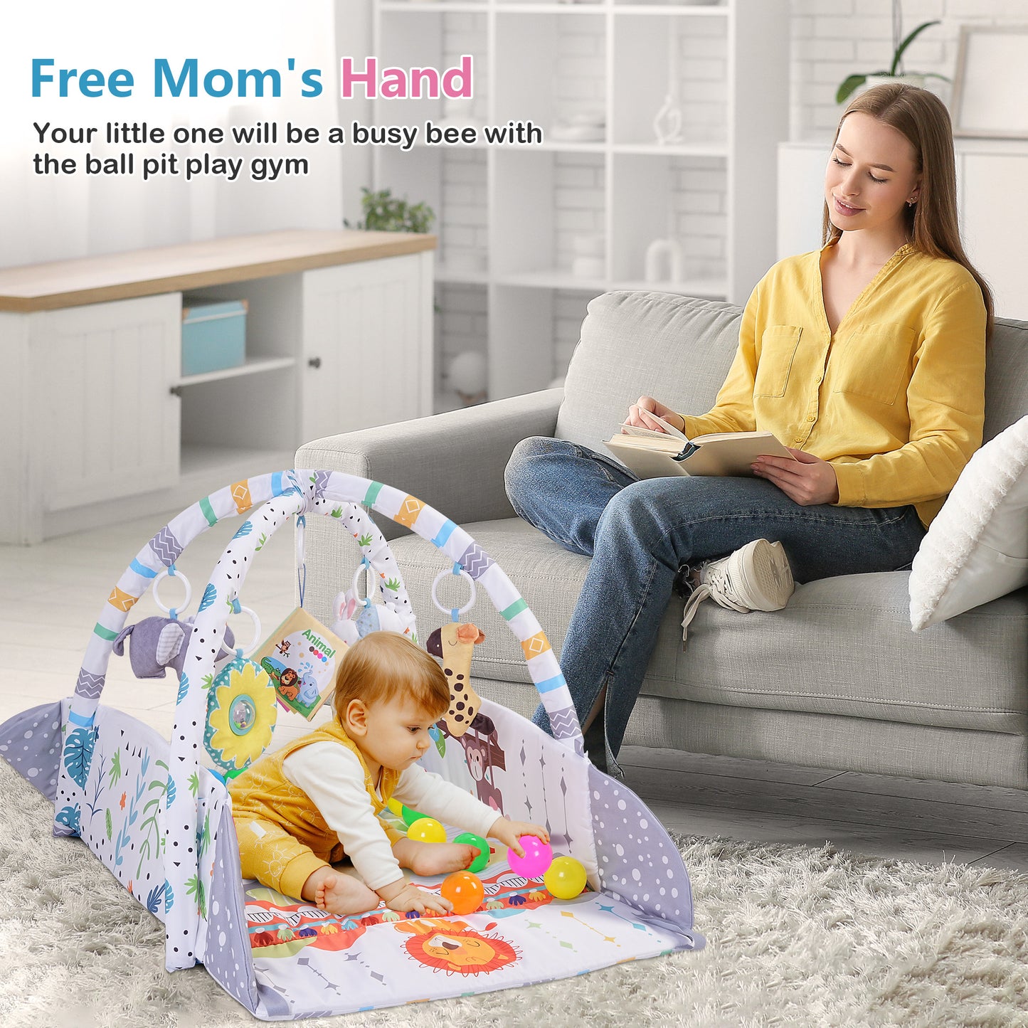 Minikid Baby Play Mat,Infant Floor Play Mat with 5 Sensory Toys,7 Ocean Balls,Baby Gym for Early Stage Based Sensory and Motor Skill Development for Infant