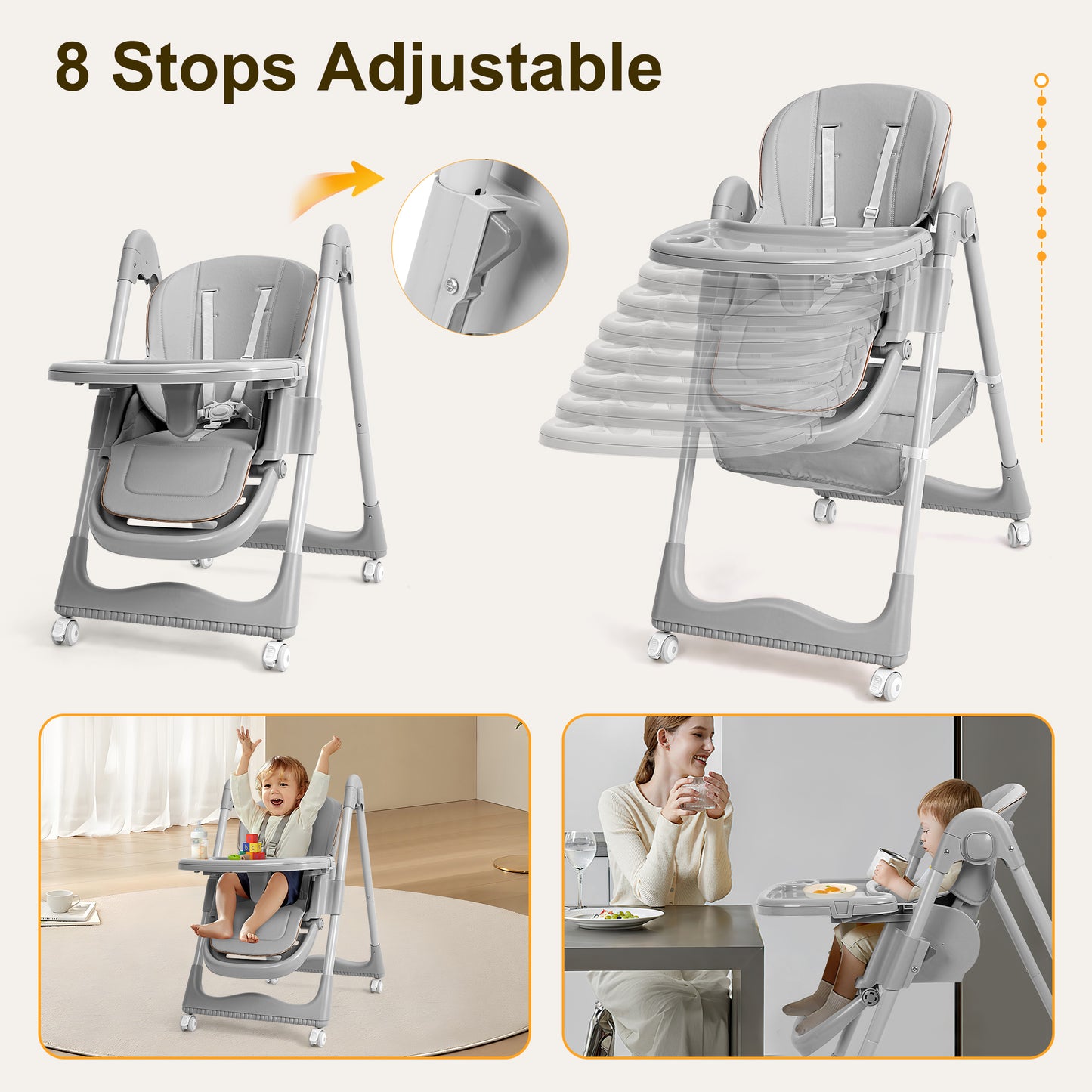 Minikid Foldable High Chair for Baby,3-in-1 Portable Feeding Chair,Baby Seat with Wheels,8-Gear Seat Adjustment,2 Removable Dining Trays,Gray