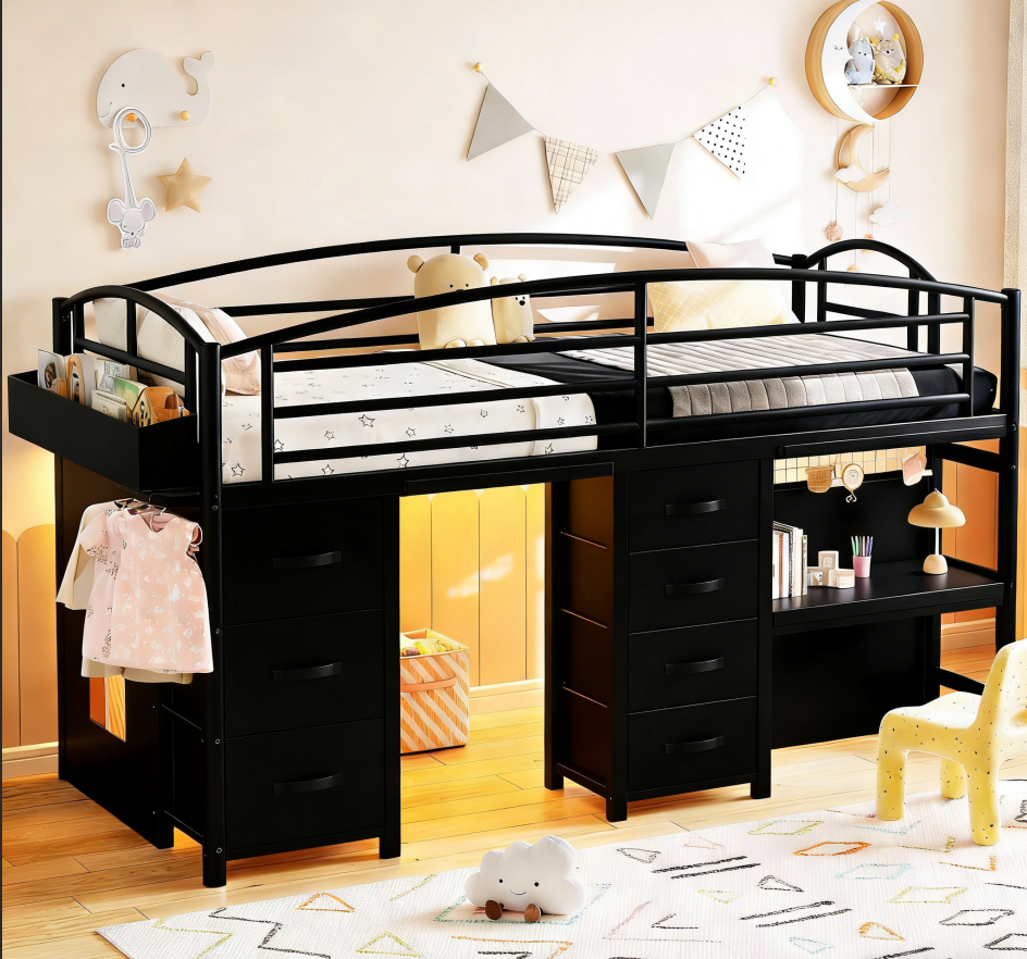 Hijob Low Loft Bed Twin Size with Desk and 7 Drawers, Black Metal Frame Kids Bed with LED Lights, Safety Guardrail & Play Curtain for Under-Bed Fun