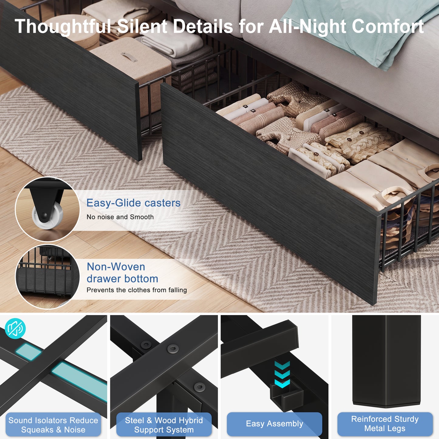 HiJob Twin Corner Bed Frame with Upholstered Storage Headboard, 2 Large Storage Drawers