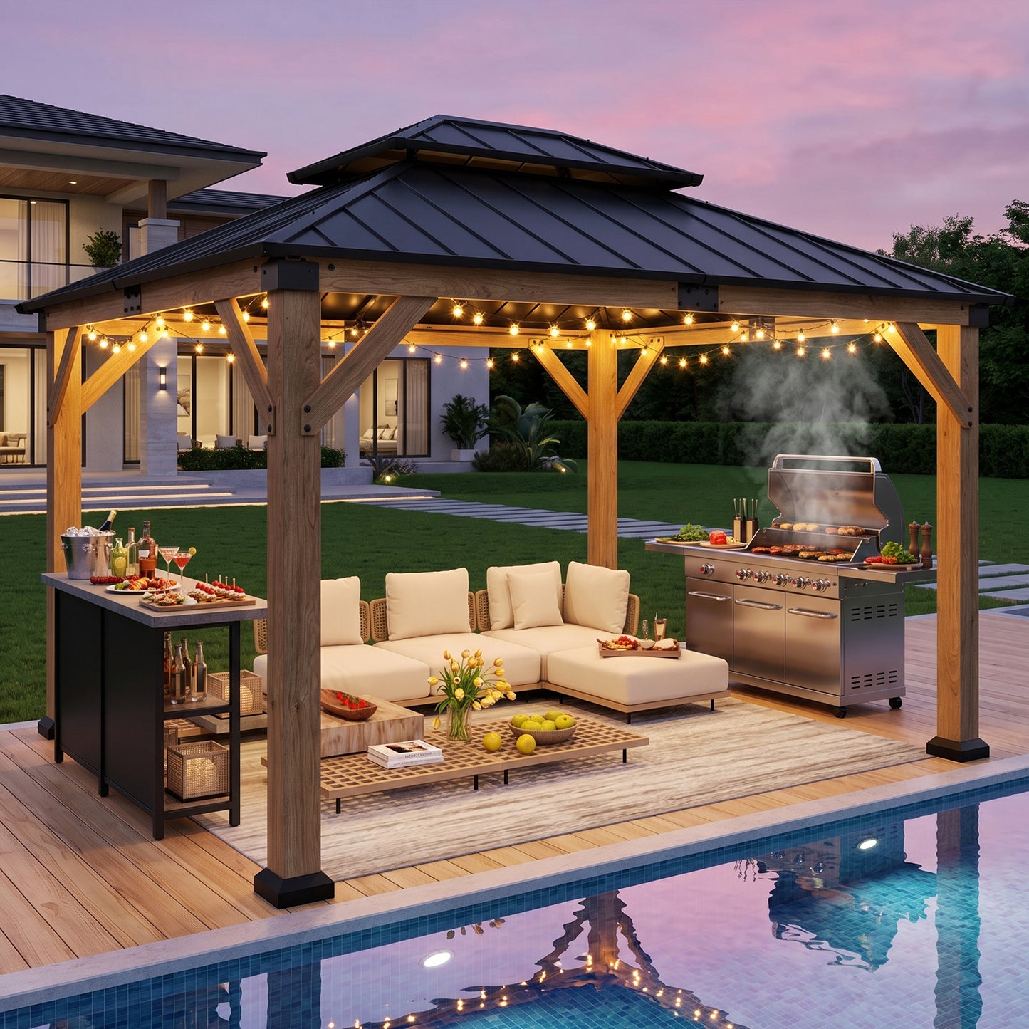 Cocosity 12FT(L) x 10FT(W) x 9.5FT(H) Outdoor Wood Gazebo, Hardtop Gazebo Permanent Wooden Pavilion with Galvanized Steel Double, Roof Snow Support for Patio, Garden, Deck, Cedar Wood