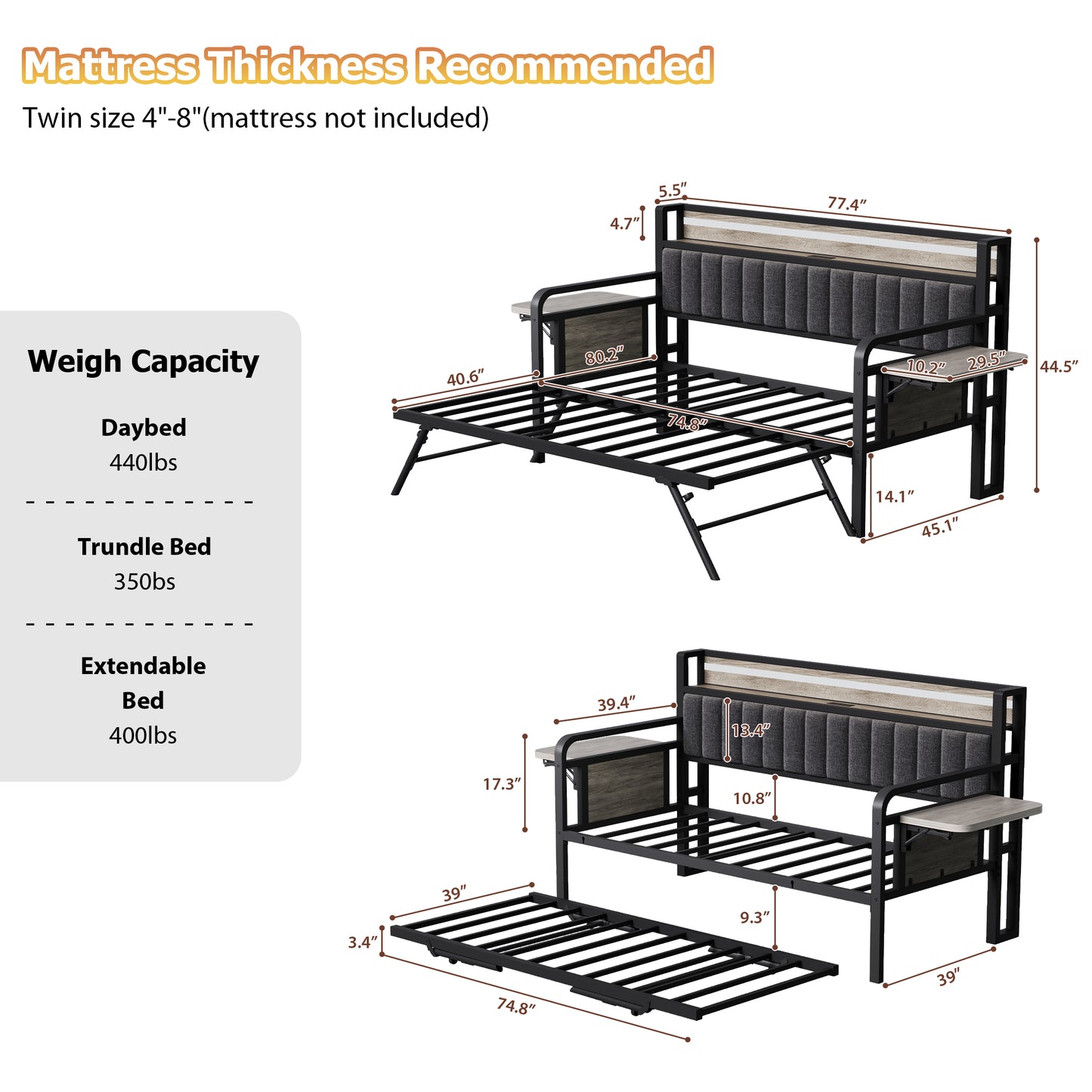 Hijob Twin to King Daybed with Side Table, Heavy Duty Metal Bed Frame with Pop Up Trundle, LED Lights Charging Station Upholstered Storage Headboard, Twin Sofa Bed for Living Room Guest Room, Gray