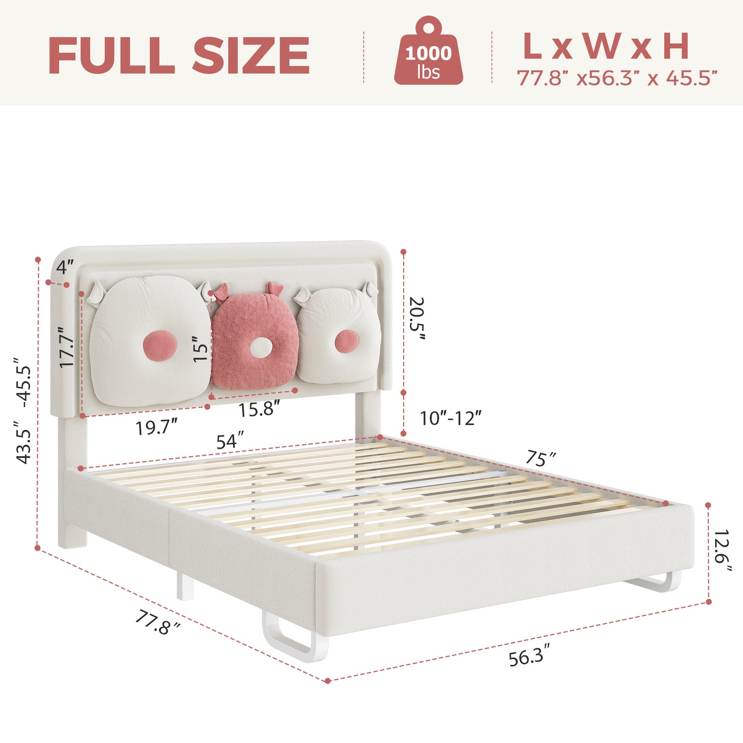 Anyact LED Bed Frame with Removable Soft Cloud Teddy Velvet Throw Pillow Upholstered Height-adjustable Headboard for Kids/Girls, Beige/Pink,Twin Size