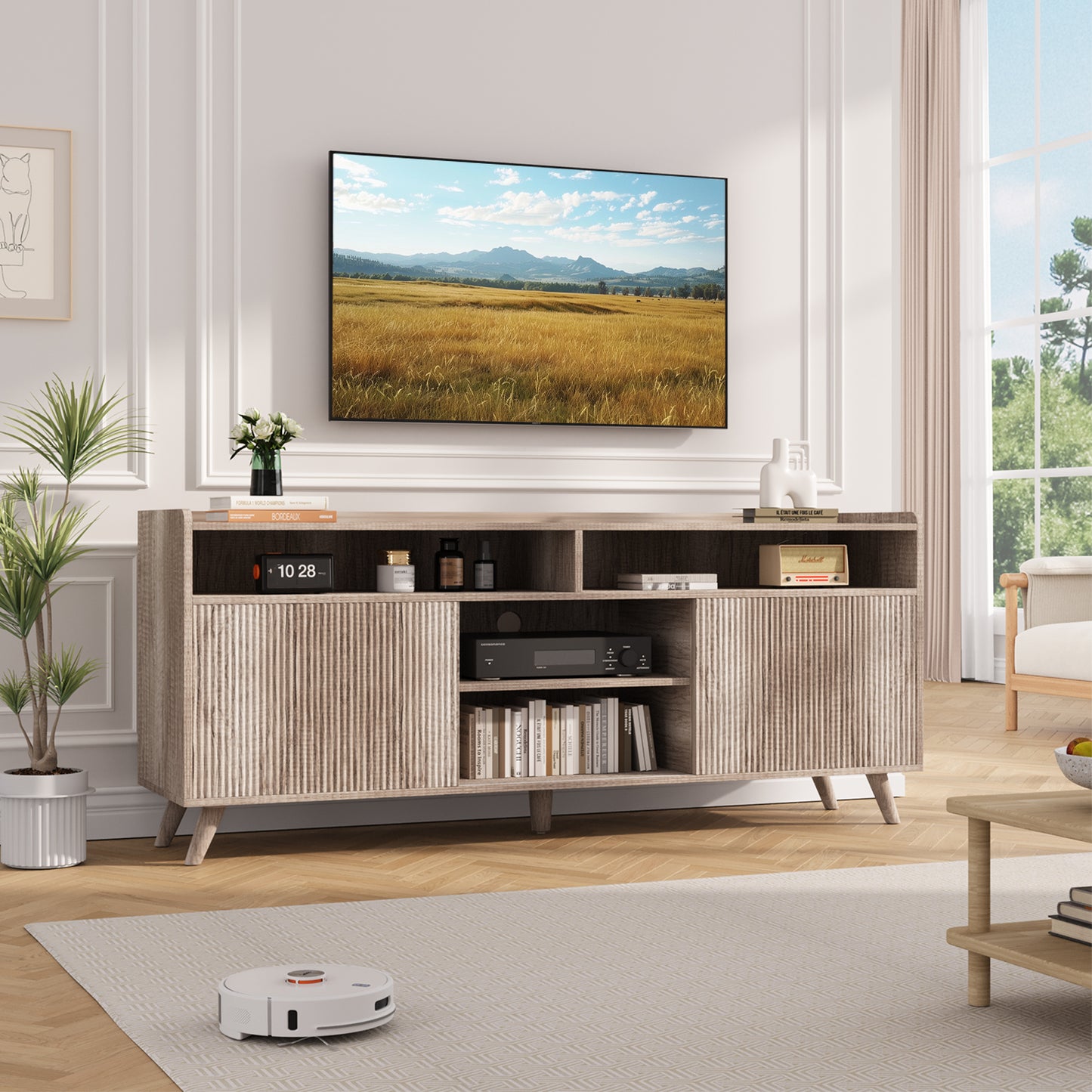 Anyact Modern Fluted-Door TV Stand for 55-65 inch TV, Entertainment Center with Storage Cabinets for Living Room(Sunwashed Ash Oak)
