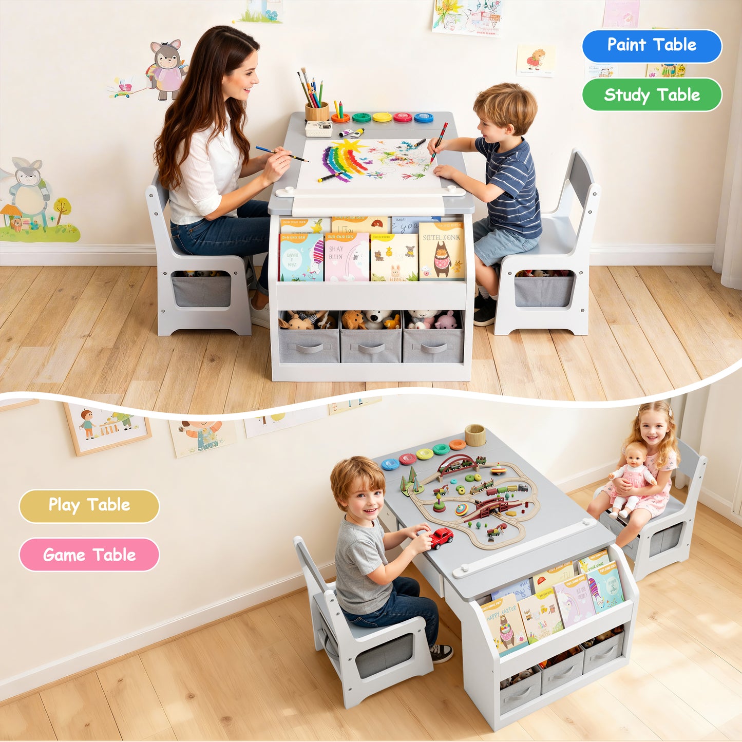 Anyact 5-in-1 Kids Art Table w/Easel, Toddler Craft Table & Chair Set for Drawing with Paper Roll Holder & Storage Drawers, Child Activity Table, Gray